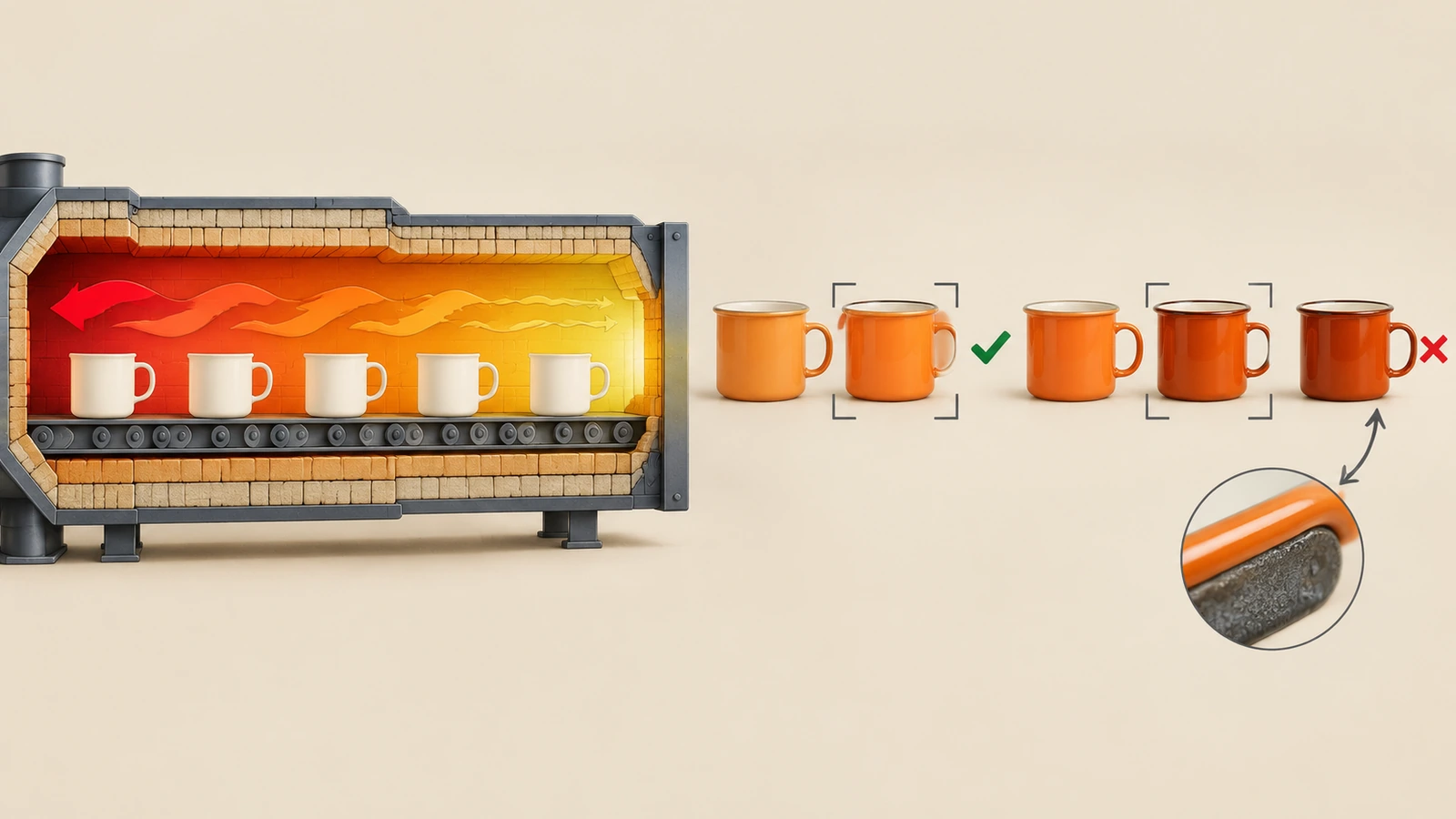Ilustración de un horno de esmaltado con flechas que indican la variación de calor y una hilera de tazas naranjas que pasan gradualmente de tonos más claros a más oscuros
