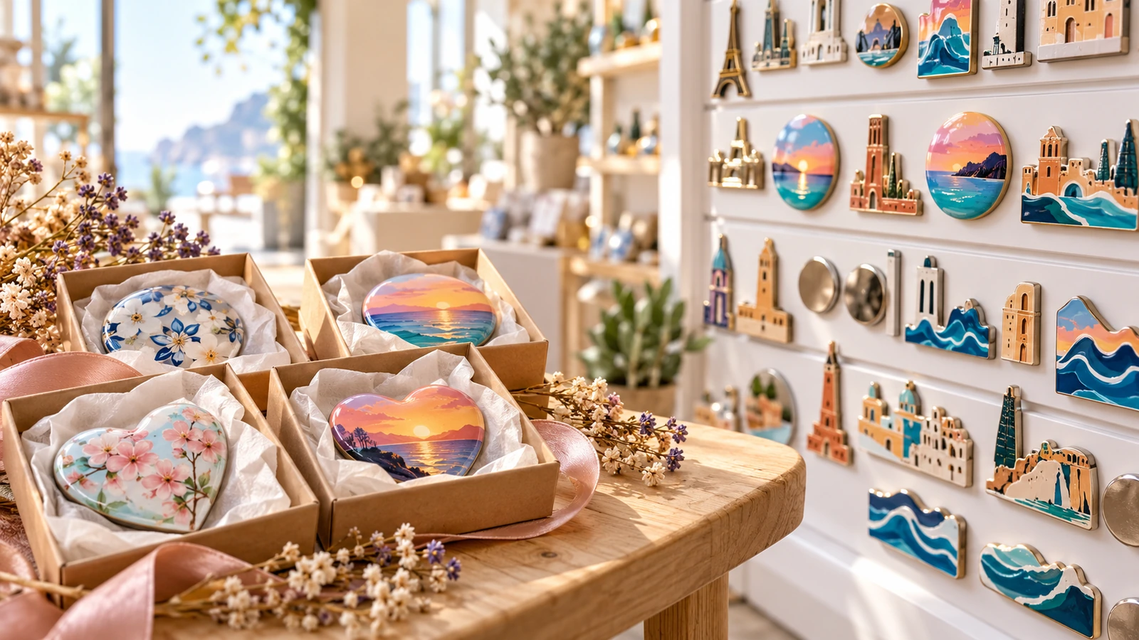 Imanes de nevera con domo brillante en pequeñas cajas de regalo junto a un expositor de suvenires, como ejemplo de detalles para eventos y venta turística