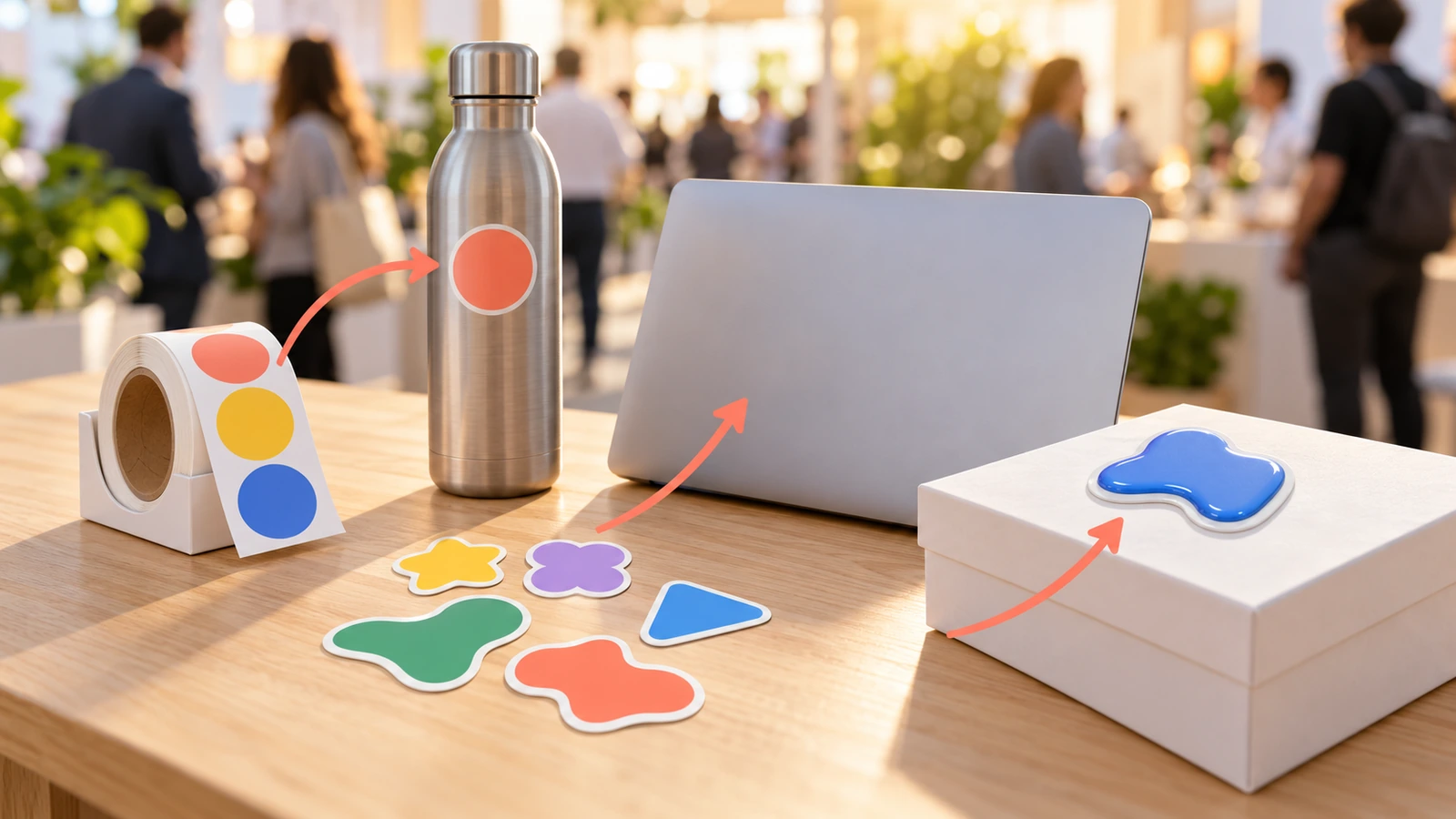 Mesa de una feria con tres formatos de pegatina: un dispensador de rollo, pegatinas troqueladas sueltas y una pegatina con logotipo blando en relieve, con flechas que muestran cómo pasan a un portátil, una botella de agua y una caja de regalo