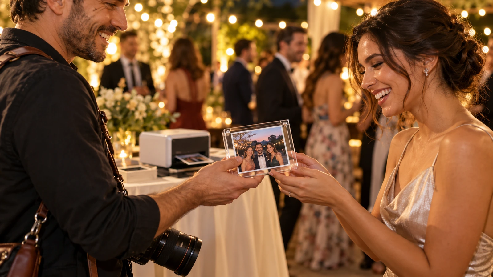 Fotógrafo de eventos entregando a un invitado un marco magnético de acrílico transparente con una foto recién impresa en una recepción nocturna