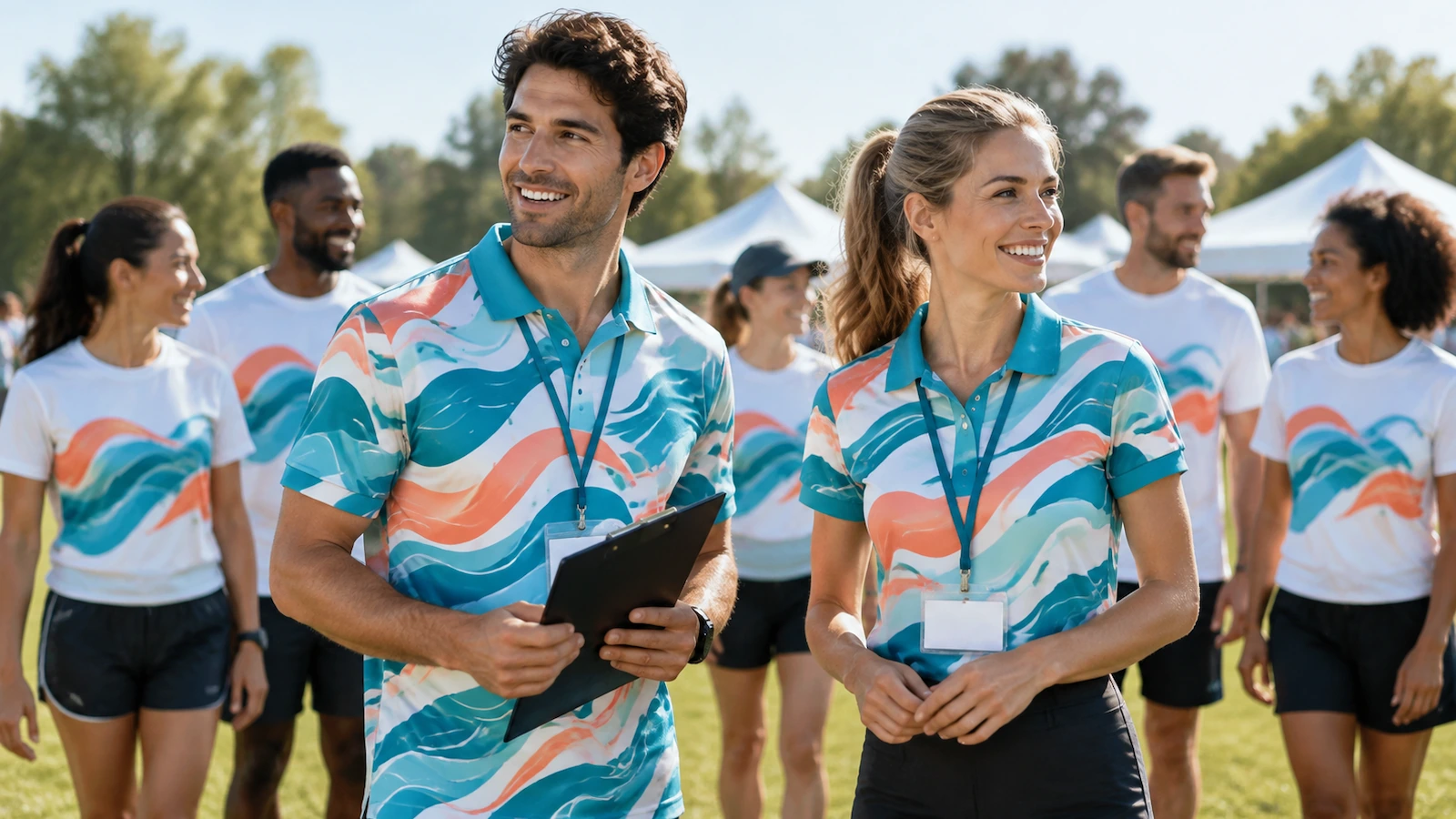 Escena de un evento con participantes con camisetas sublimadas iguales y personal con polos con cuello que comparten el mismo patrón de color