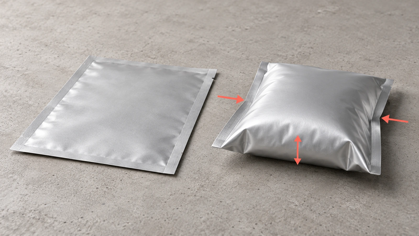 Vista lateral de una bolsa plana vacía junto a una bolsa llena con forma de cojín, que muestra cómo el llenado añade grosor y reduce la huella plana