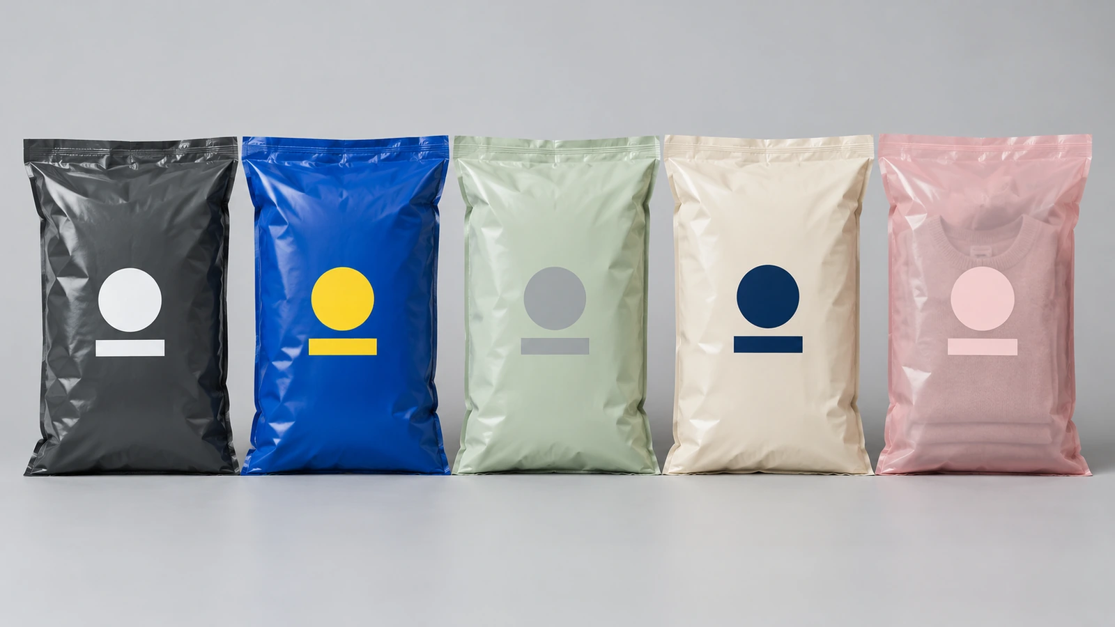 Fila de bolsas de envío de polietileno en películas oscura, brillante, pastel y blanca, cada una con la misma forma geométrica sencilla de marca para comparar contraste y opacidad
