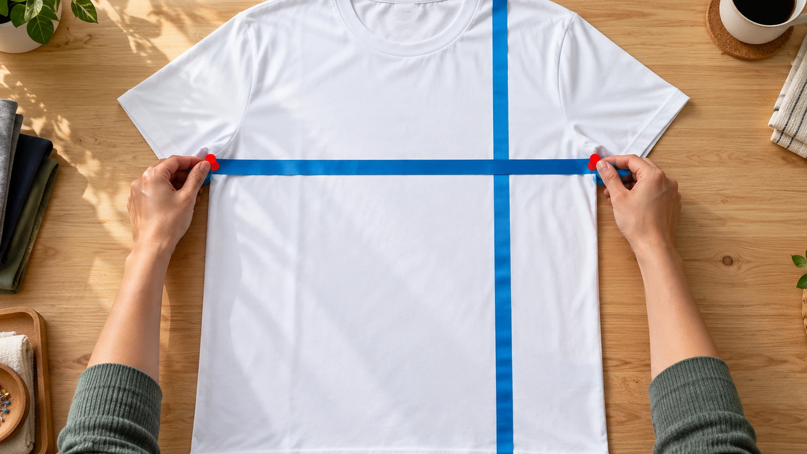 Manos midiendo una camiseta unisex blanca de poliéster extendida en plano con una cinta de tela en blanco a lo ancho del pecho