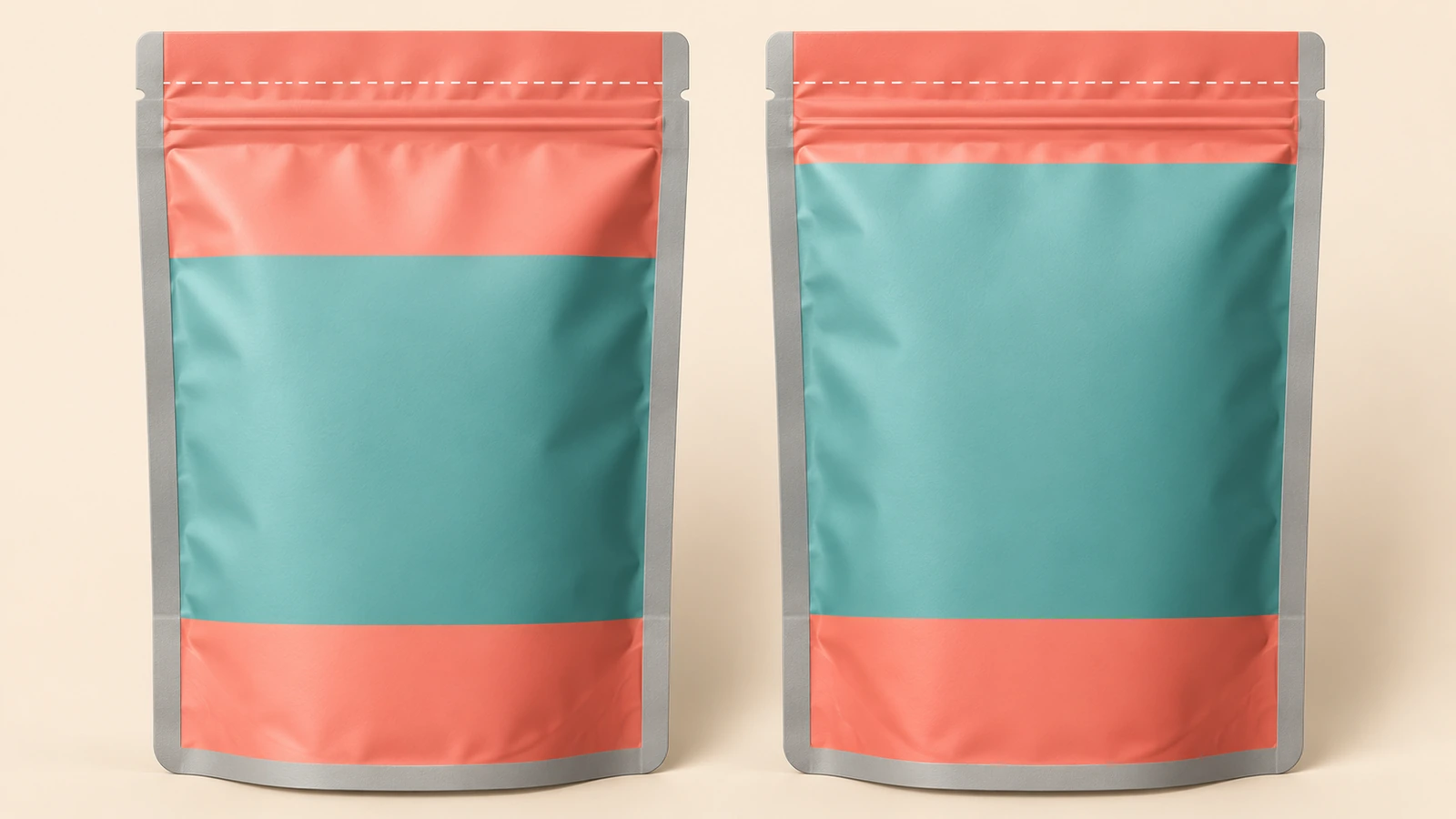 Diagrama del anverso y el reverso de una bolsa plana divididos en bloques de colores para el espacio de advertencias obligatorias y el espacio del diseño de marca
