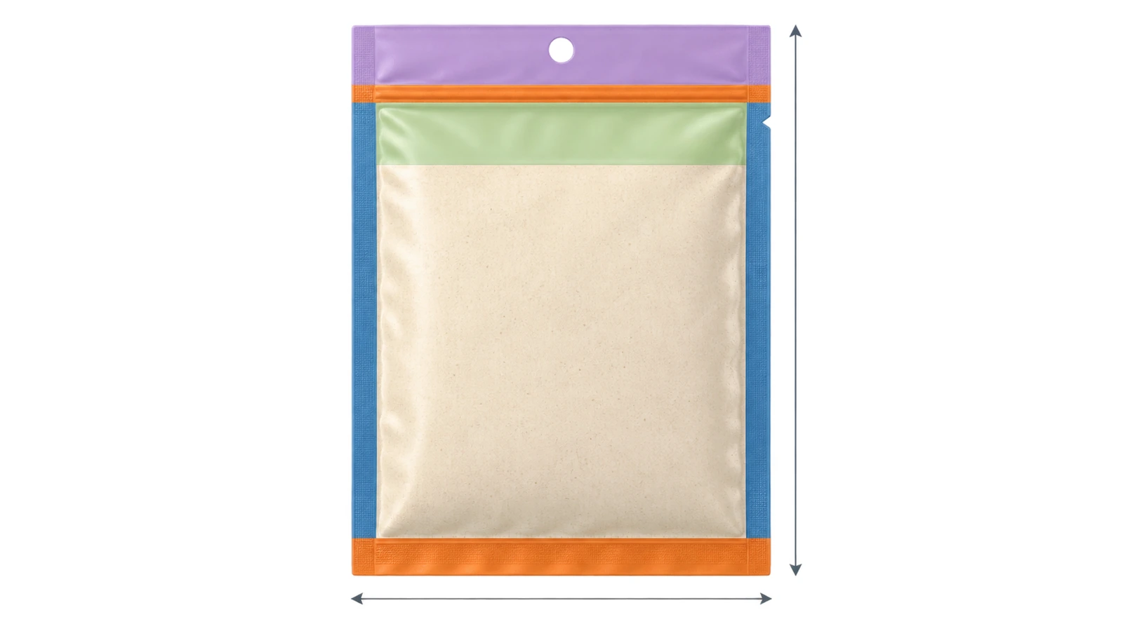 Diagrama de una bolsa plana con franjas de color que marcan los sellados laterales, el sellado inferior, la zona del producto, el espacio de cabeza, el sellado superior y la solapa del orificio de colgado
