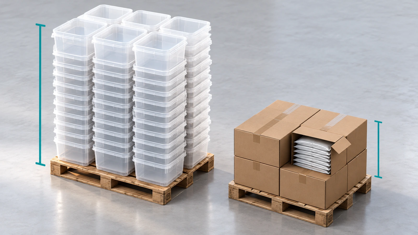 Comparación de dos palés: uno apilado en altura con tarros rígidos vacíos y otro con la misma cantidad de bolsas prefabricadas planas en cajas compactas