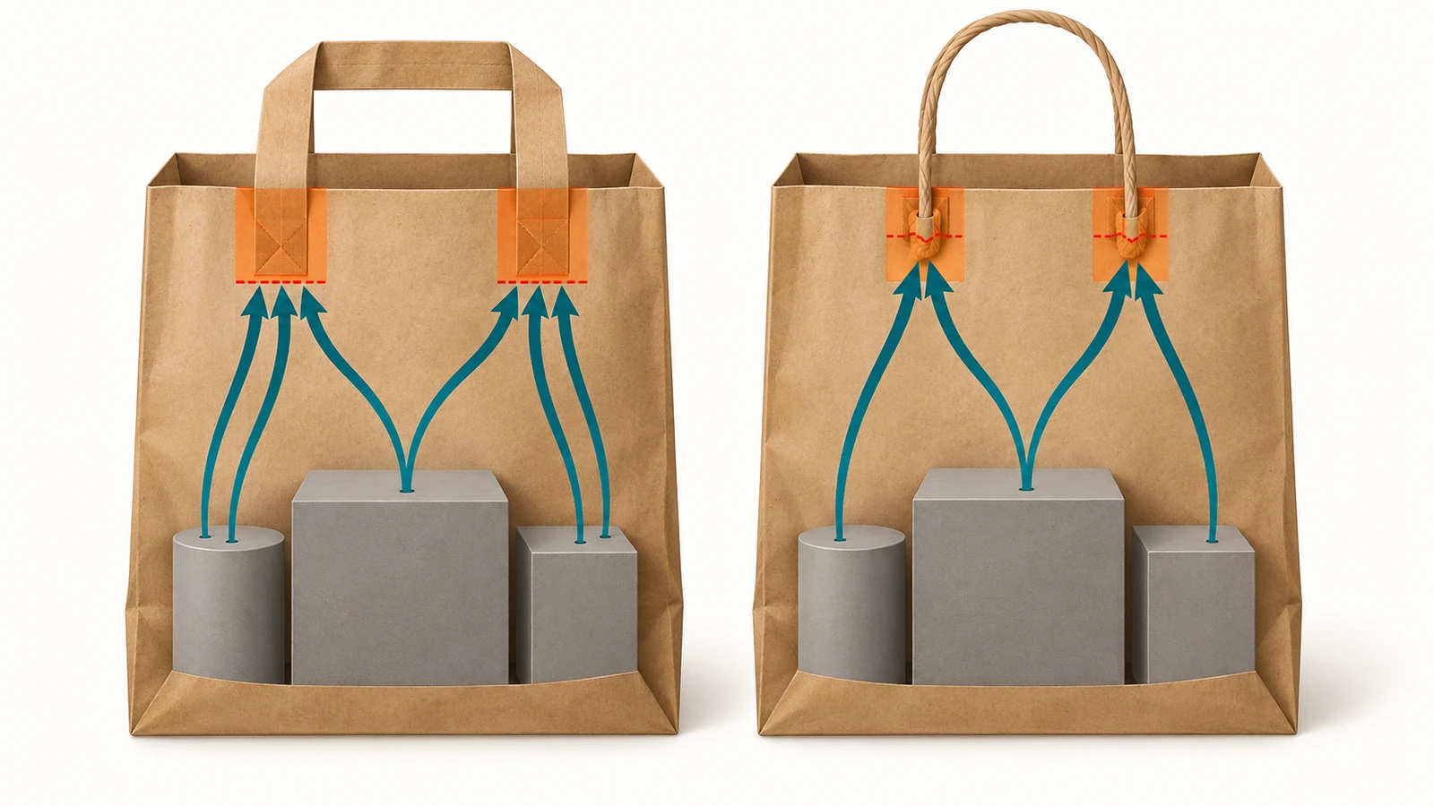 Ilustración que compara un asa plana de papel y un asa de cordón de papel retorcido en bolsas de kraft, con flechas que muestran la tensión de la carga concentrándose en los puntos de fijación de las asas