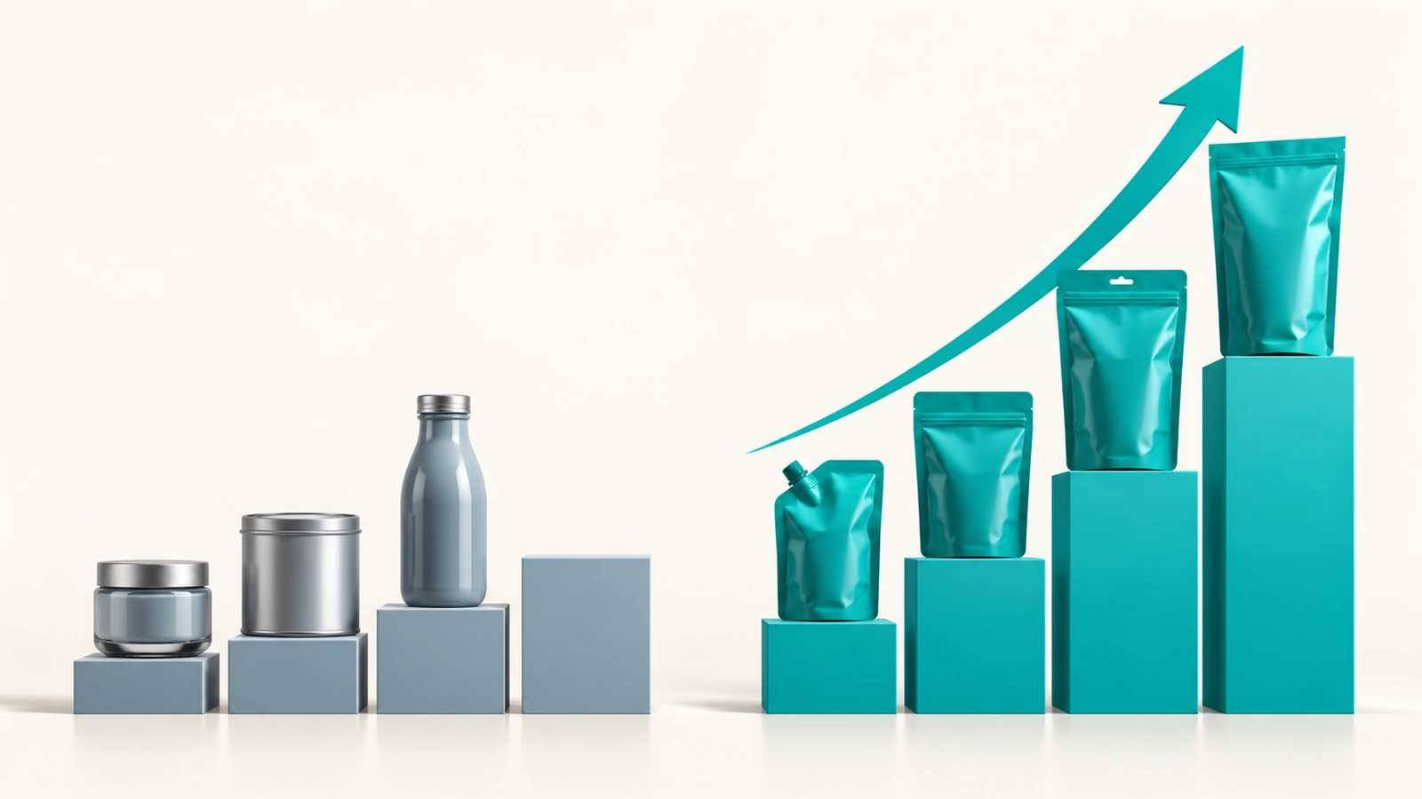 Gráfico abstracto que compara los envases rígidos, de crecimiento más lento, con las bolsas flexibles resistentes a los niños, de crecimiento más rápido
