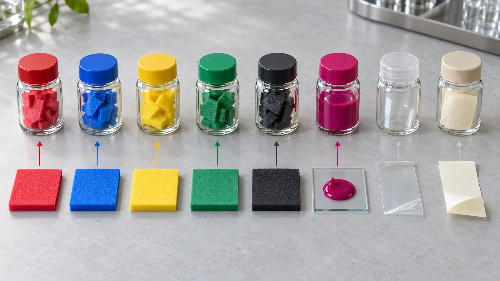 Muestras separadas de espuma EVA de color, tinta, film adhesivo y soporte antiadherente, colocadas junto a pequeños frascos de muestra de laboratorio, que representan el ensayo de seguridad componente por componente