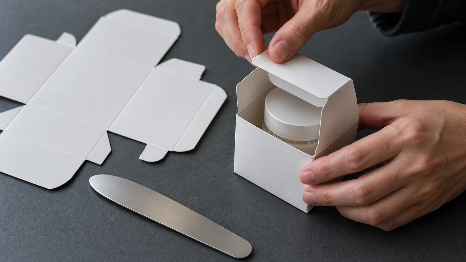Manos plegando un estuche de muestra blanco liso alrededor de un pequeño producto sobre una superficie de trabajo sin marcas