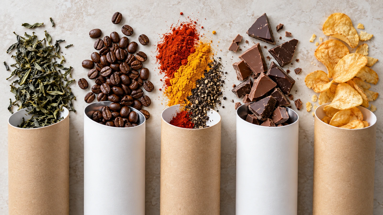 Tubos de cartón kraft y blanco lisos, sin imprimir, dispuestos junto a hojas de té a granel, granos de café tostado, especias molidas de colores, trozos de chocolate y aperitivos crujientes sobre una superficie neutra