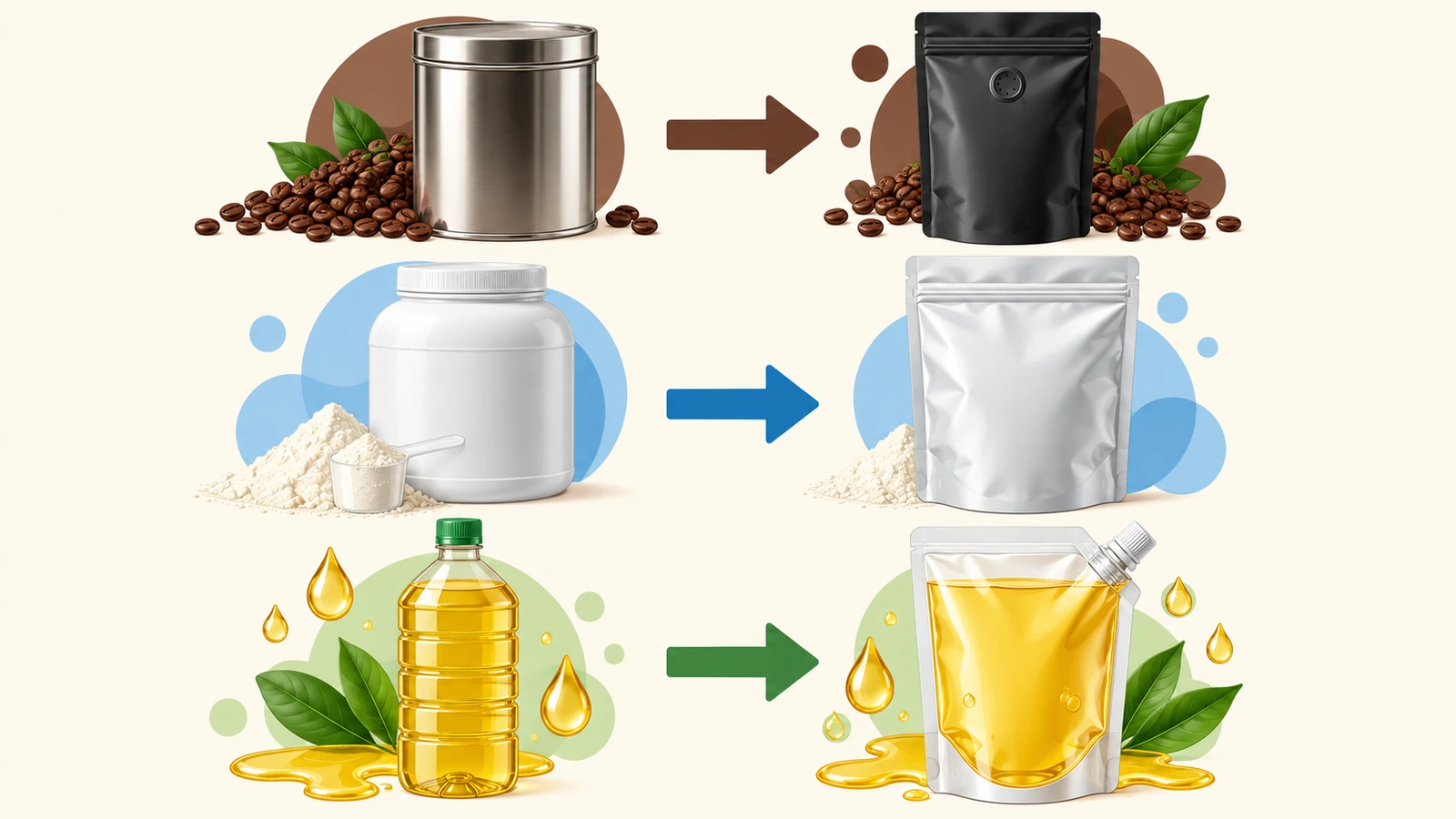 Diagrama de correspondencias que une una lata de café con una bolsa con válvula, un tarro de polvo con una bolsa ancha con cremallera y una botella de líquido con una bolsa con boquilla, con flechas de colores