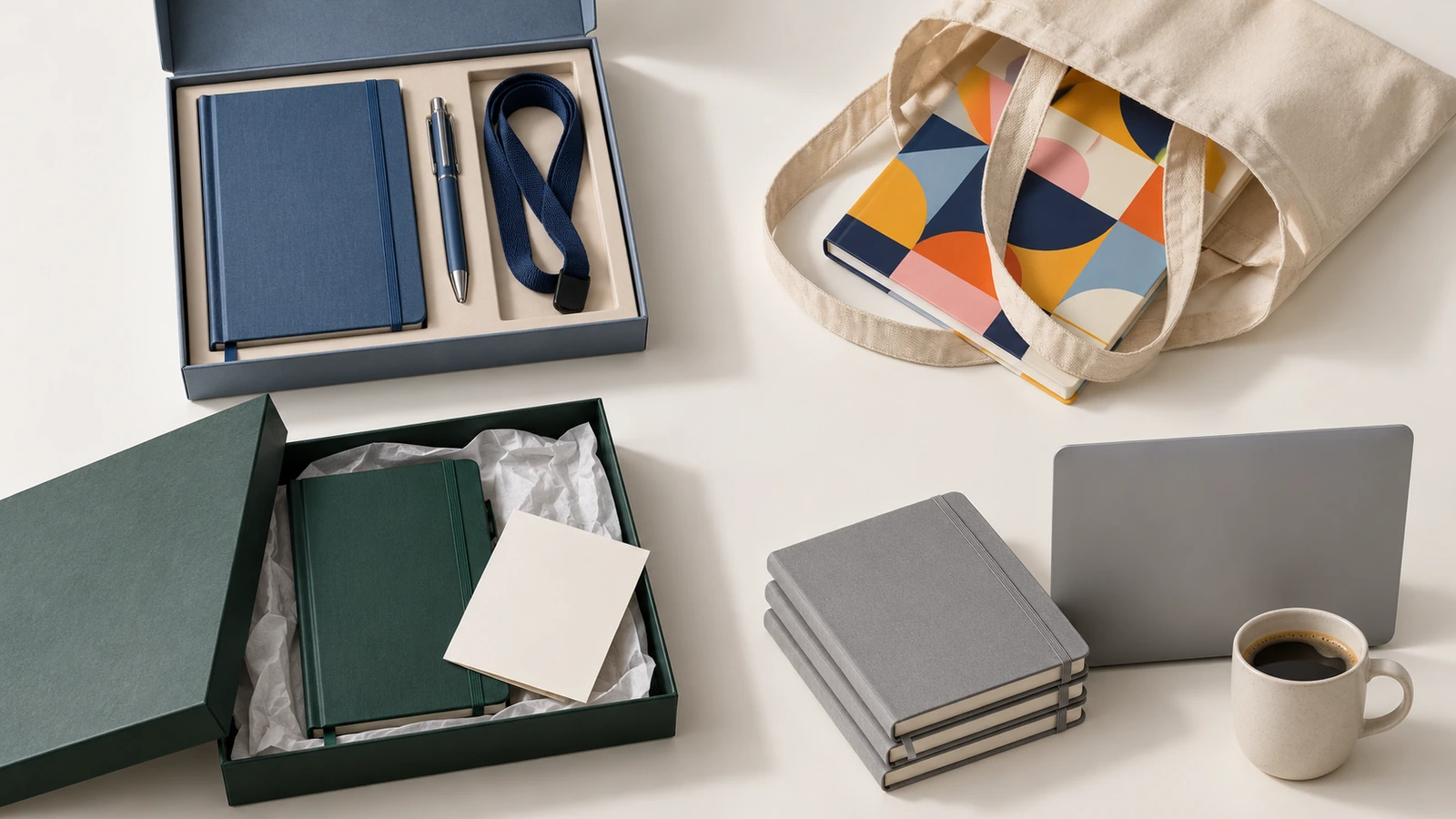 Cuatro grupos de cuadernos de tapa dura dispuestos como un kit de incorporación, una bolsa de conferencia, una caja de regalo para clientes y una mesa de sala de formación