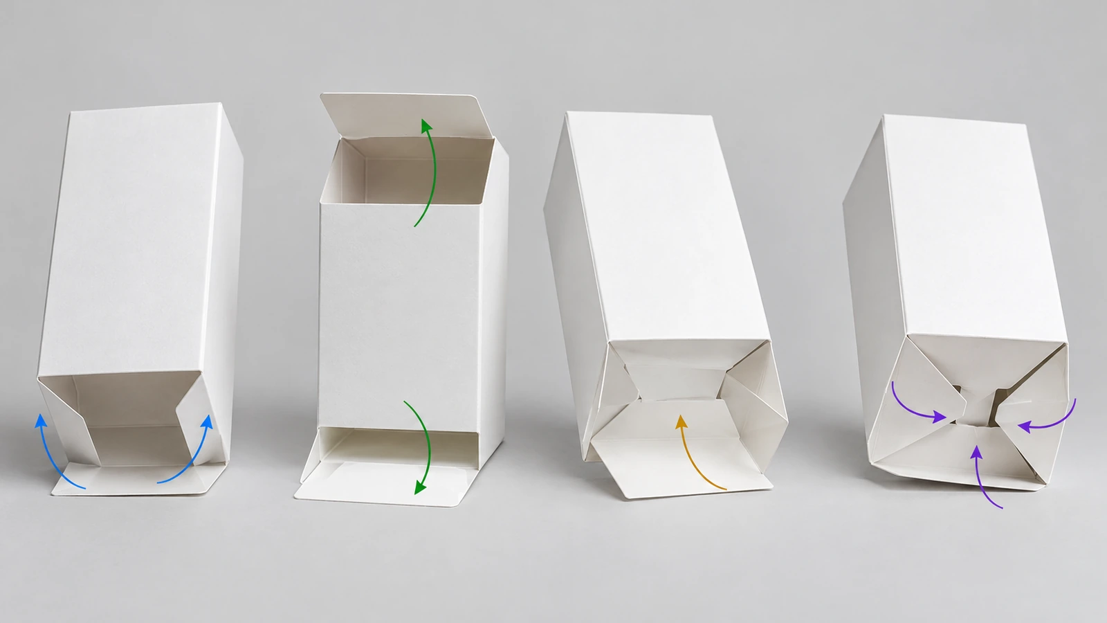 Cuatro cajas de cartulina blanca en fila que muestran las estructuras de extremo de lengüeta recto, extremo de lengüeta inverso, fondo automático y fondo de encaje, cada una con flechas que indican cómo se cierran sus solapas