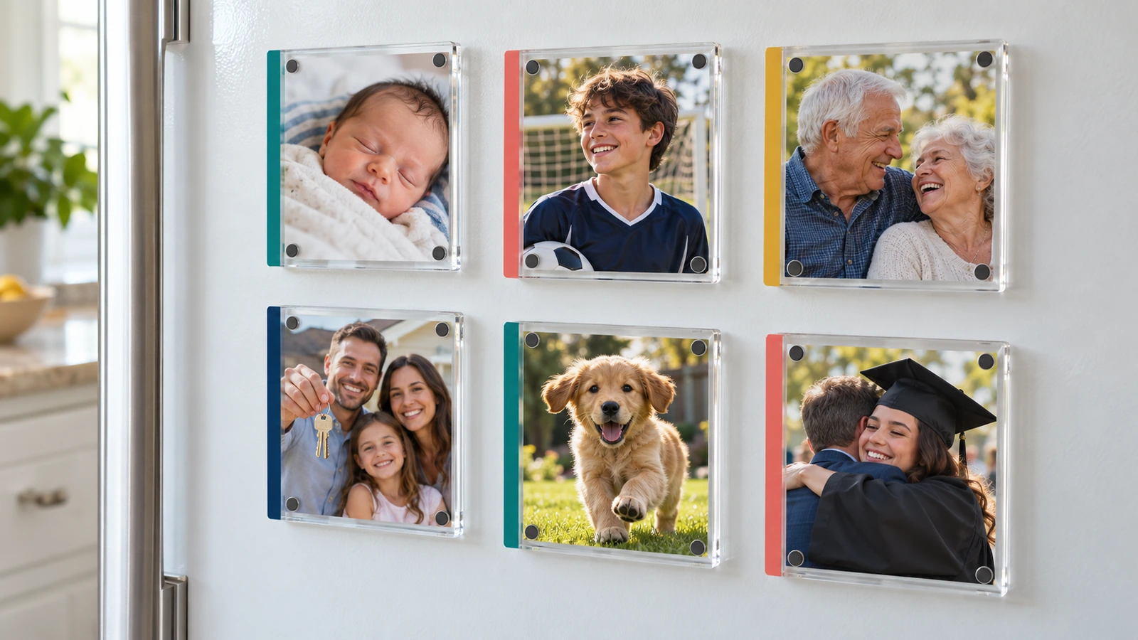 Varios marcos magnéticos de acrílico transparente con fotos de familia, niños y mascotas en la puerta blanca de un refrigerador, cada uno con una pequeña franja de color de la marca en un borde