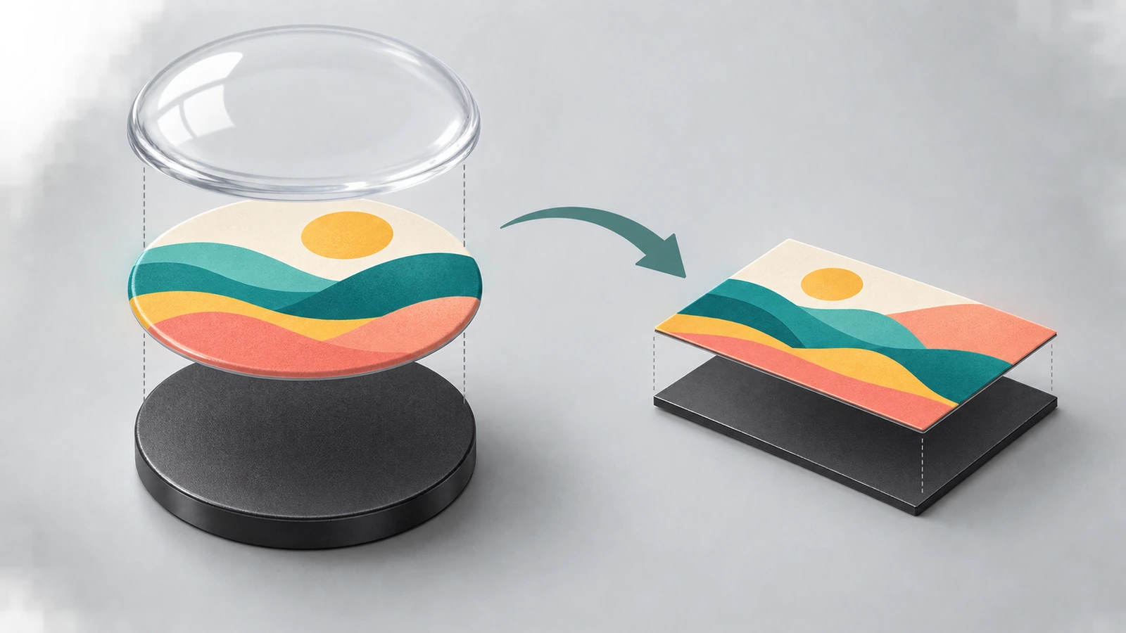 Ilustración en corte transversal de un imán de nevera personalizado que muestra la cara impresa, la capa protectora transparente y la base magnética como capas de colores apiladas