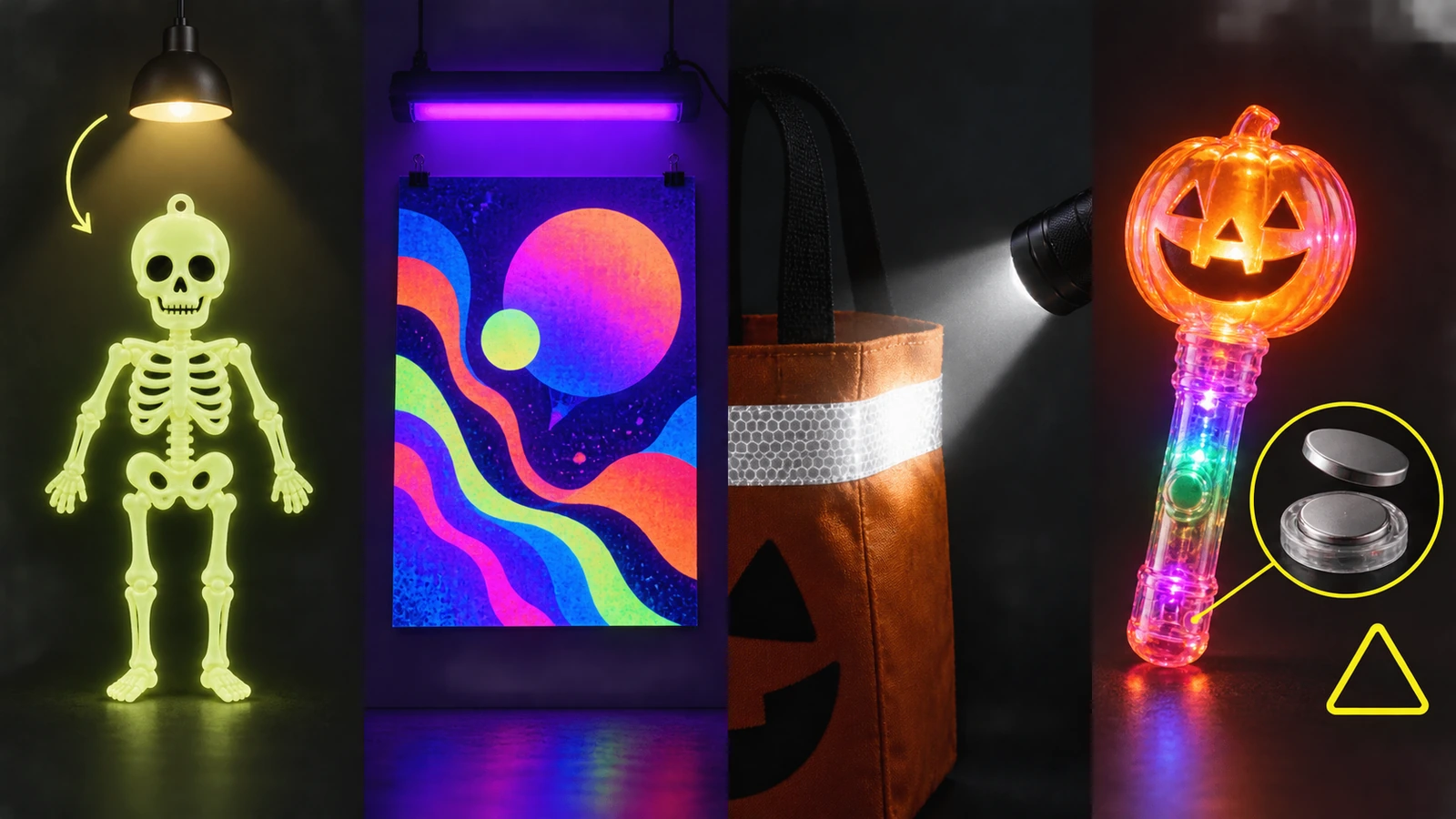 Ilustración de 4 paneles que compara una pegatina que brilla, una impresión iluminada con luz negra, una tira reflectante iluminada por el haz de una linterna y un juguete con luz a pilas