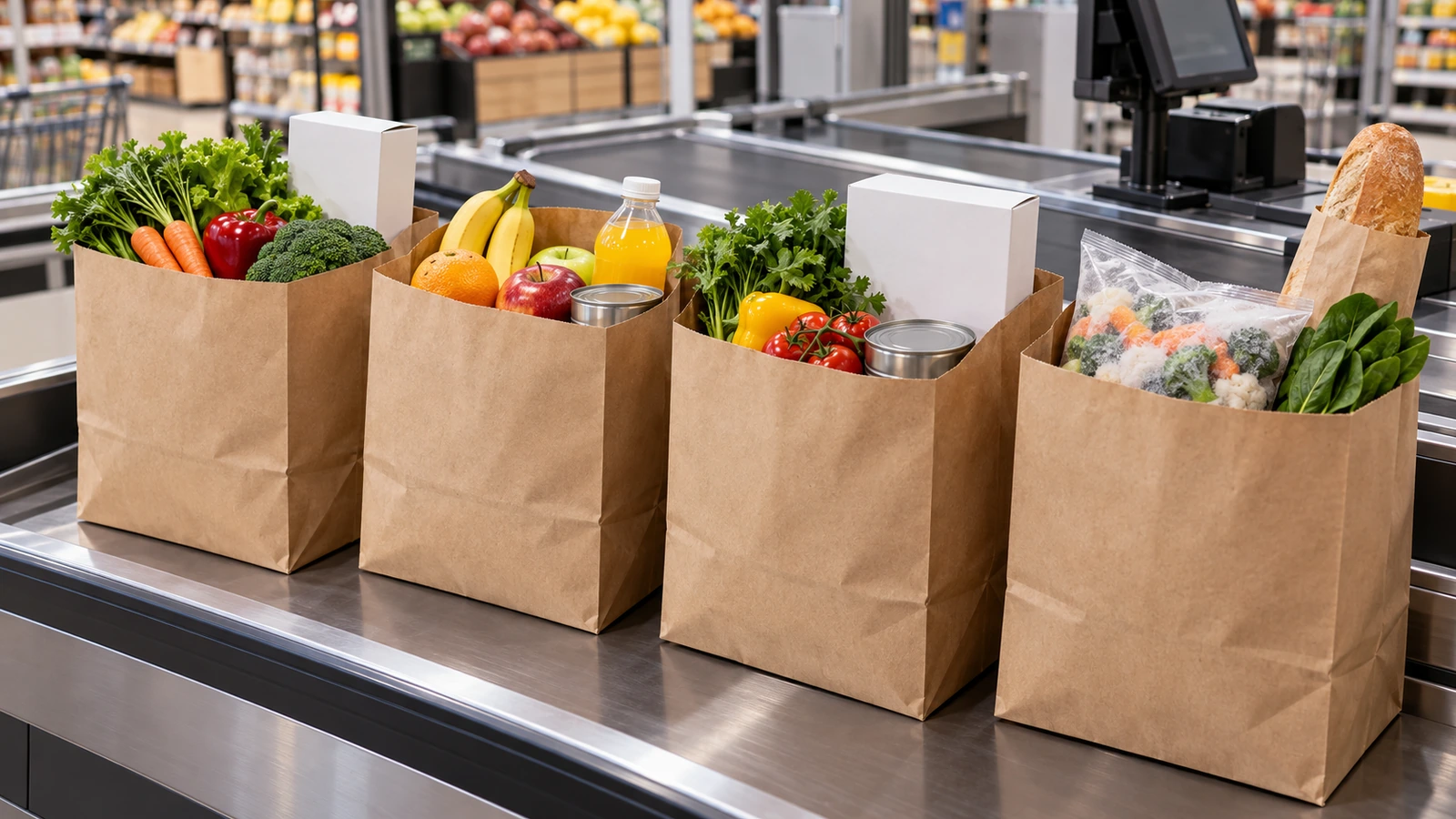 Línea de caja de supermercado con bolsas de papel kraft marrón liso llenas de frutas y verduras, botellas y productos en caja