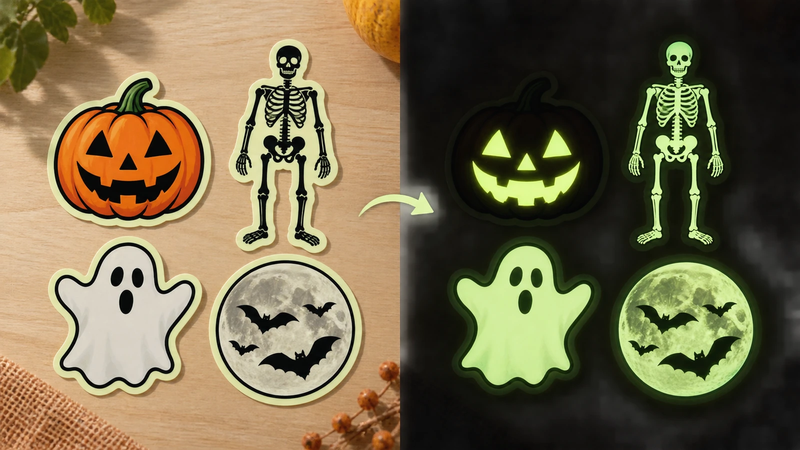 Pegatinas de Halloween que brillan en la oscuridad: a la luz del día, con diseños a todo color de calabaza, fantasma y esqueleto, y en la oscuridad, con solo las zonas sin imprimir brillando en verde