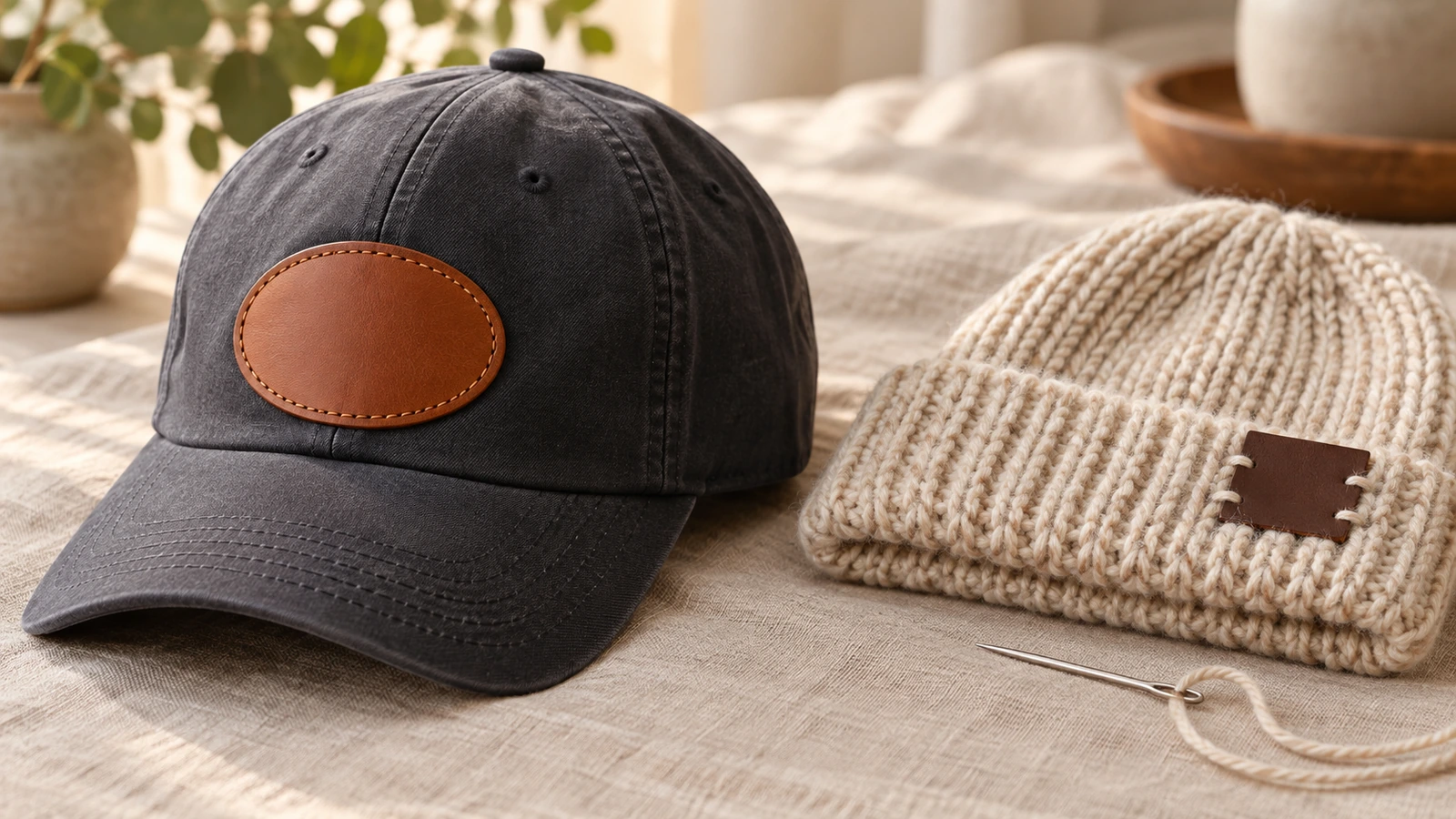 Una gorra estructurada y un gorro de punto doblado, uno junto al otro, que muestran un parche de cuero cosido en el panel frontal de la gorra y una etiqueta plegable cosida a mano en el puño del gorro