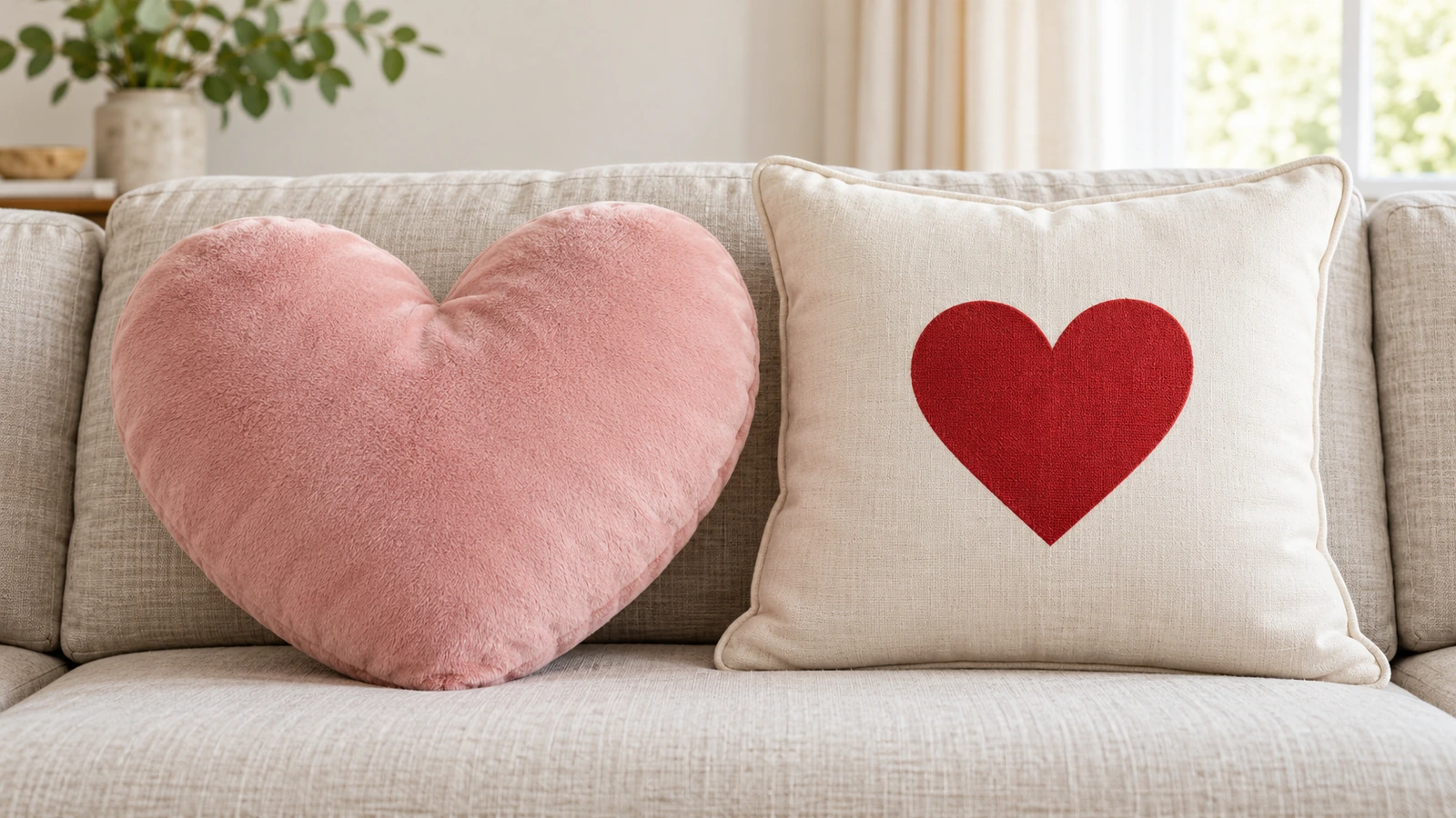 Un cojín en forma de corazón troquelado y mullido junto a un cojín decorativo cuadrado con motivo de corazón estampado sobre un sofá de lino neutro
