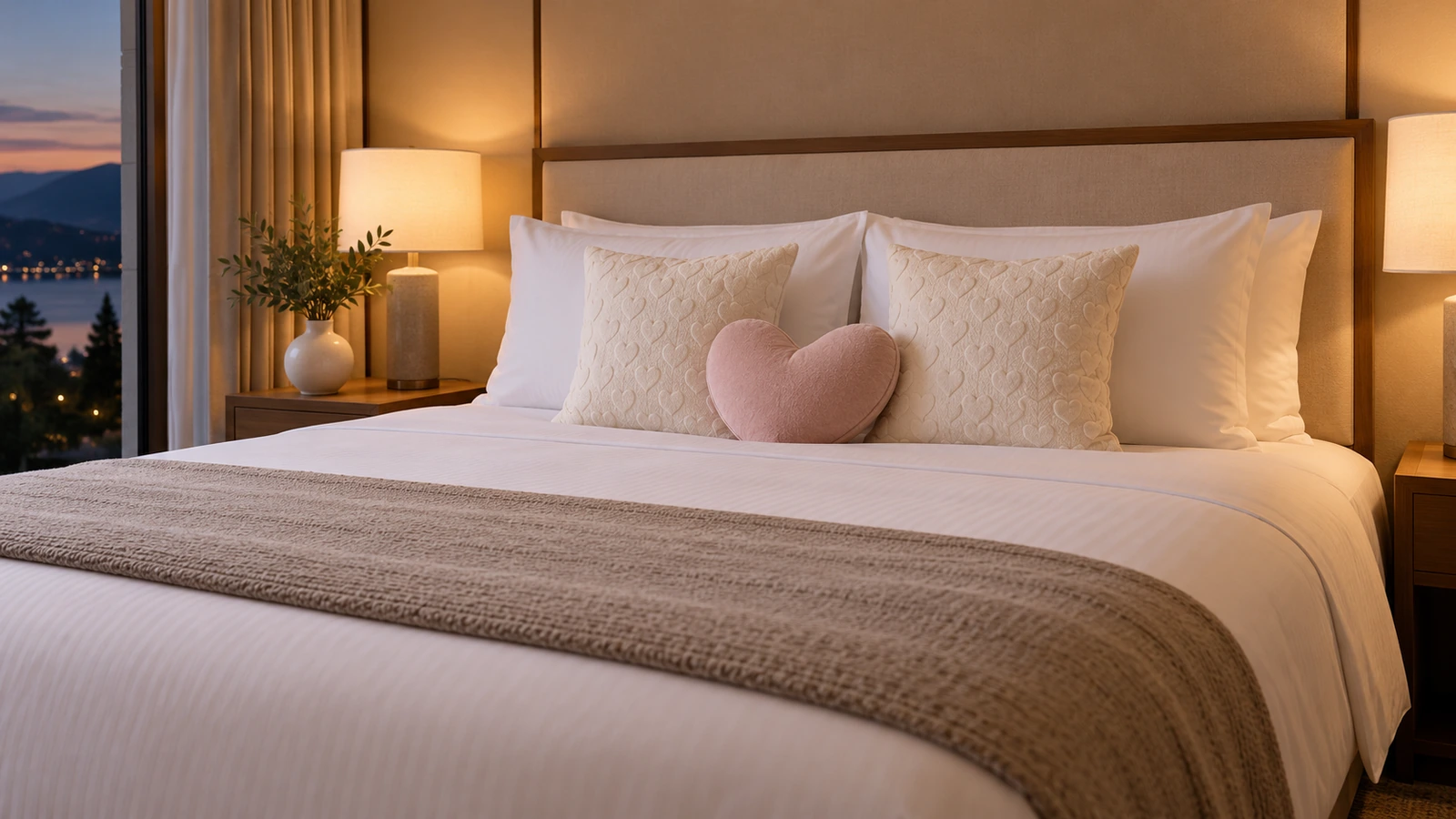 Cama de suite de hotel con almohadas blancas, dos cojines decorativos cuadrados con un patrón sutil de corazones y un pequeño acento de corazón troquelado en el centro