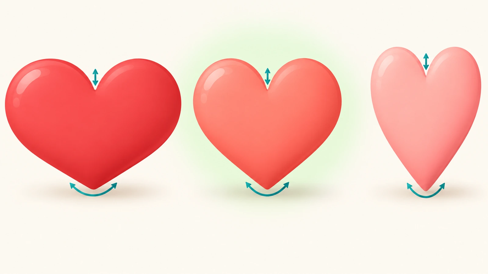 Ilustración plana que compara tres siluetas de corazón: uno ancho y mullido, uno equilibrado y uno alto y estrecho, con flechas que indican la profundidad de la hendidura y el radio de la punta