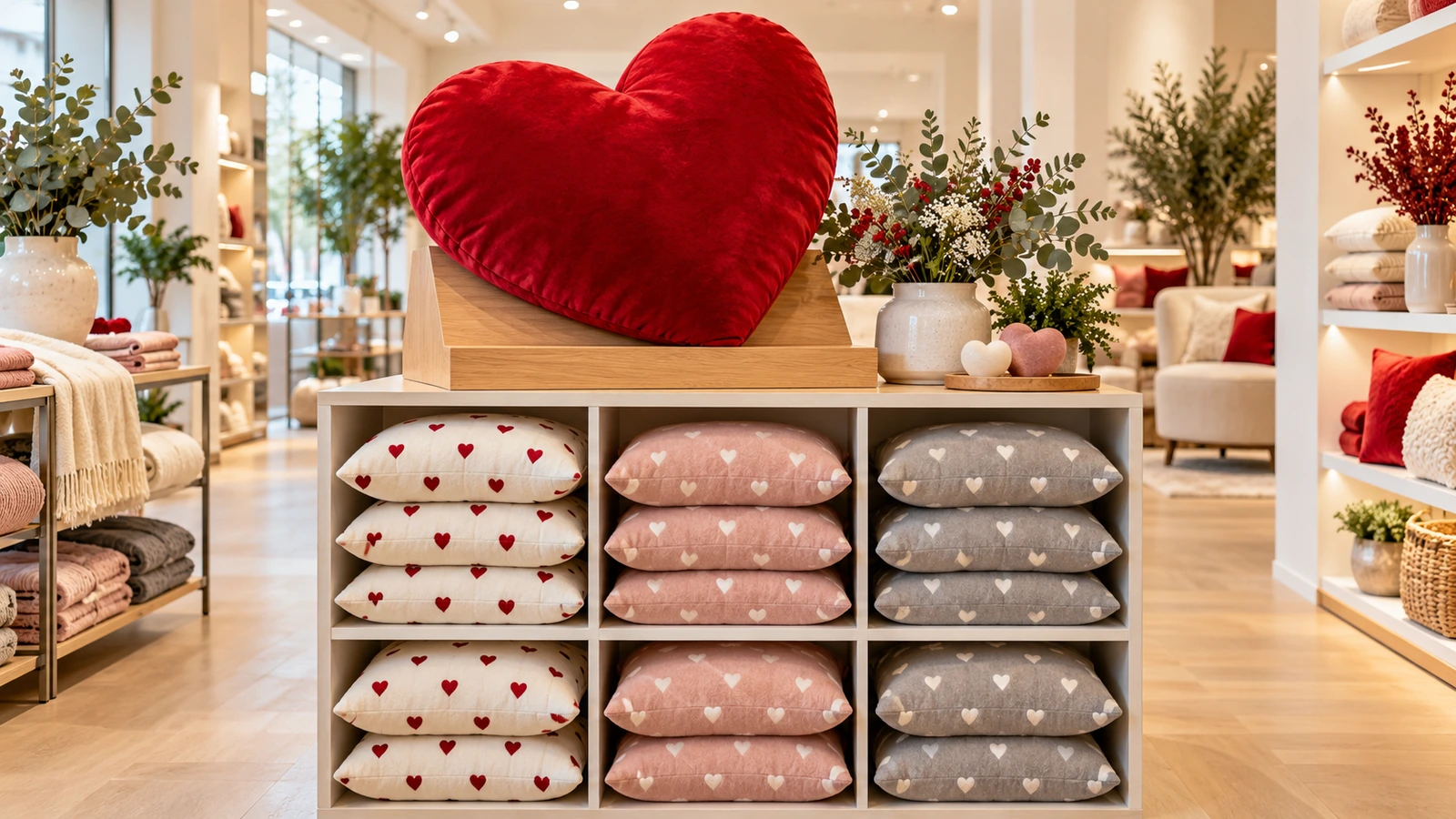 Expositor de cabecera de góndola en venta minorista, con un cojín en forma de corazón rojo de gran tamaño sobre un soporte inclinado, encima de pilas ordenadas de cojines cuadrados con pequeños patrones de corazones