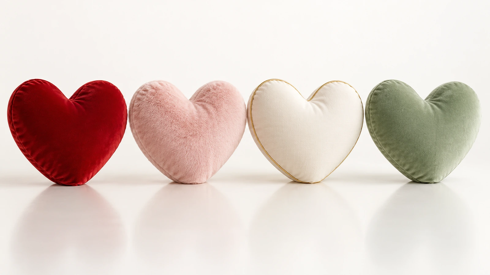 Cuatro cojines en forma de corazón troquelado con una misma silueta, en fila con paletas de temporada: rojo intenso, rosa pálido, marfil con dorado y salvia suave