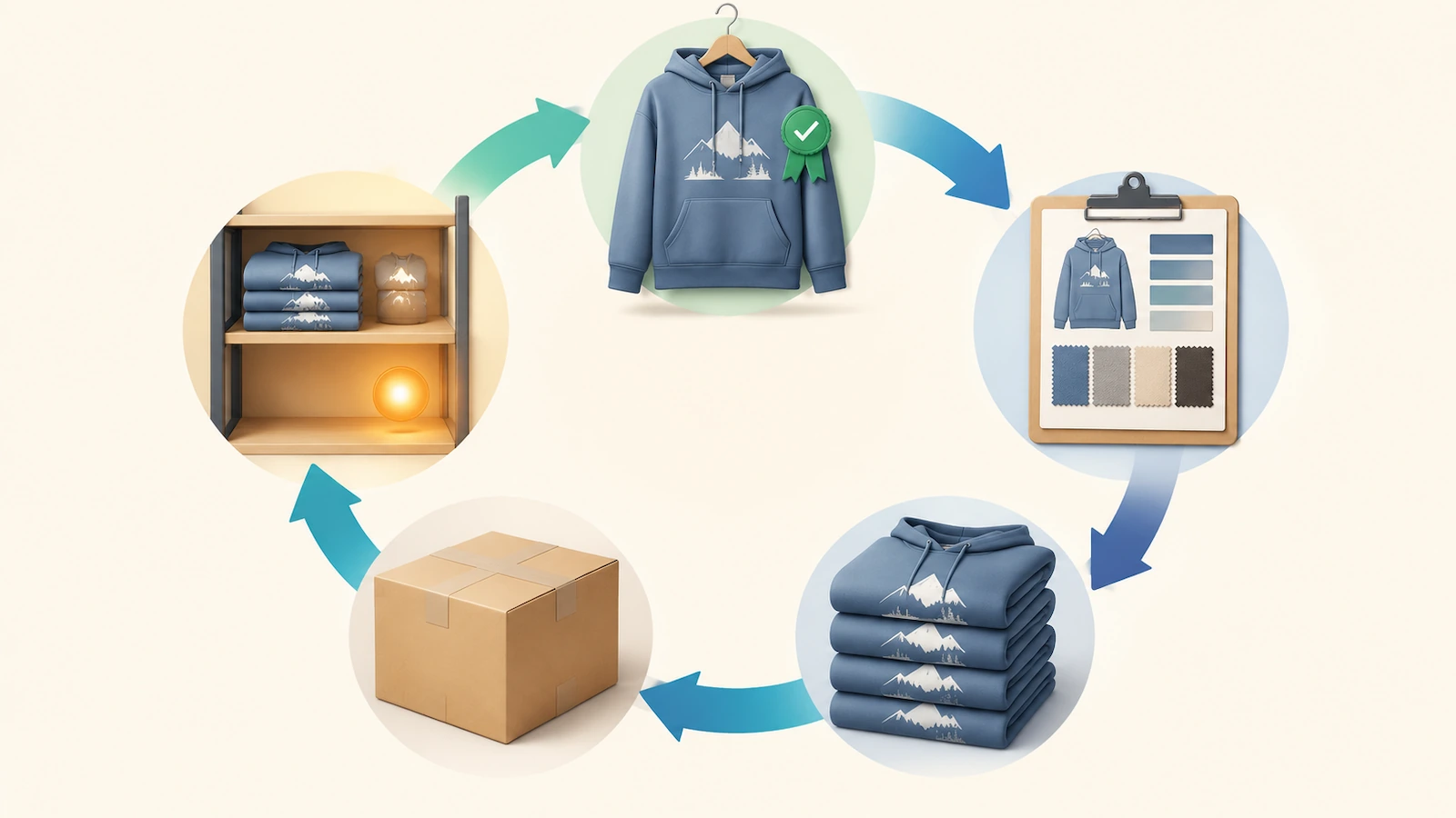 Ciclo de reposición de una marca de sudaderas: muestra de referencia aprobada, ficha técnica cerrada, tirada de producción, envío y disparador de reabastecimiento