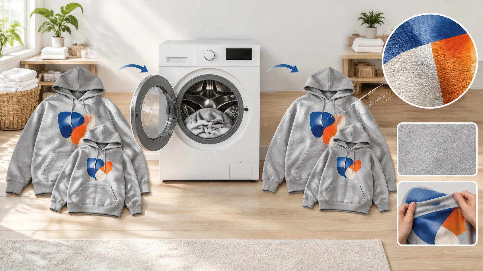 Sudaderas de muestra en tallas pequeña y grande comparadas antes y después de una prueba de lavado para comprobar el encogimiento y el agrietamiento del estampado