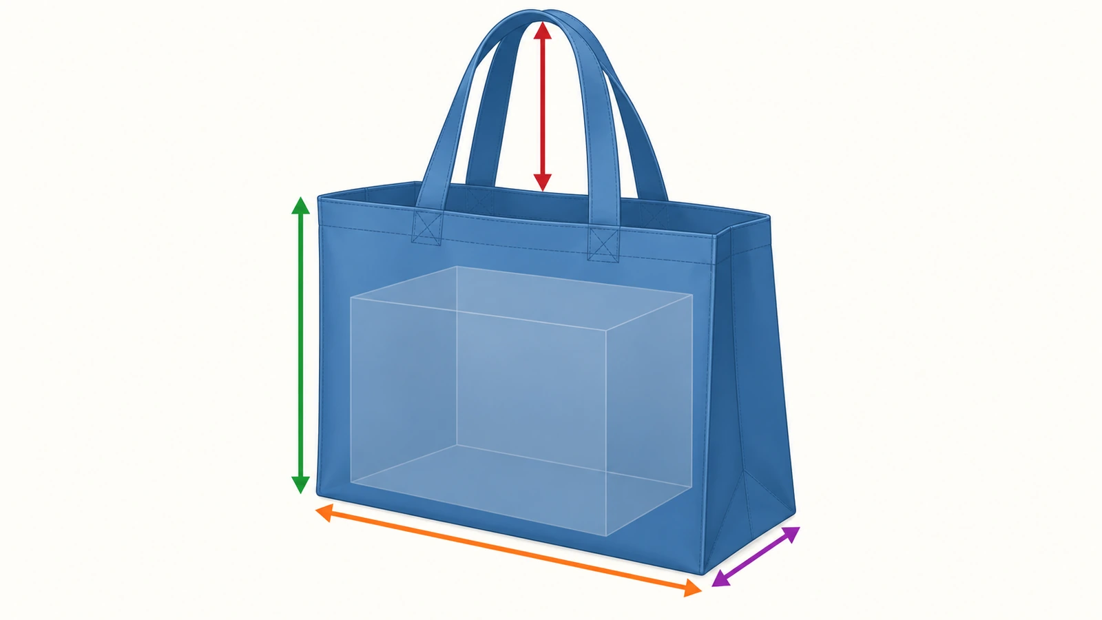 Diagrama de una bolsa de compra reutilizable grande con flechas de colores que indican el ancho, el alto, la profundidad del fuelle y la caída del asa