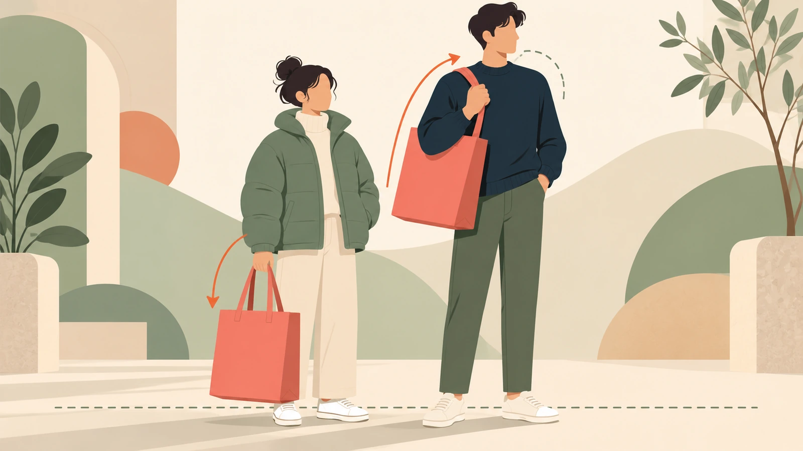 Dos personas de distinta estatura llevan la misma bolsa reutilizable de gran tamaño, una en la mano y otra al hombro