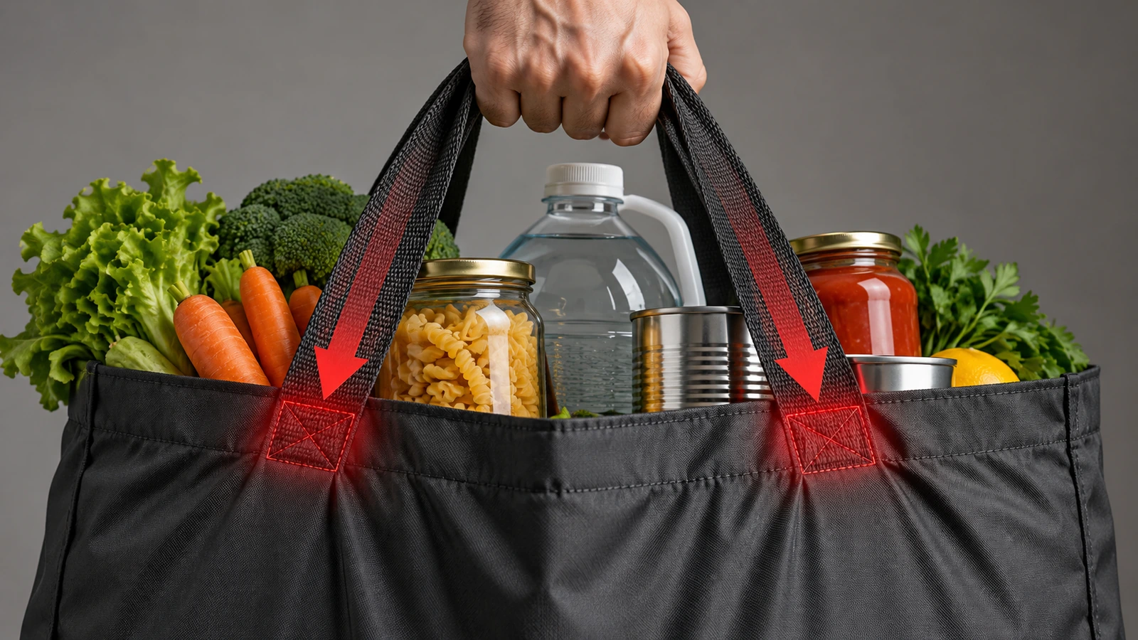 Bolsa de compra grande de nailon llena de comestibles pesados, con flechas que muestran la tensión concentrada donde las asas se unen al cuerpo de la bolsa