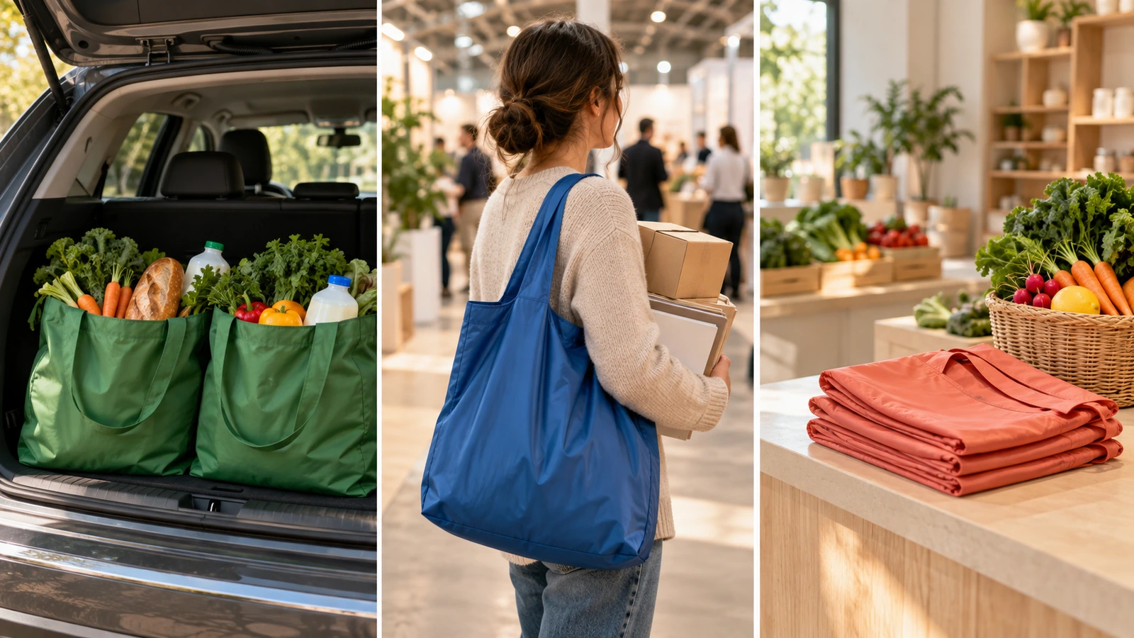 Tres escenas que muestran bolsas reutilizables de gran tamaño usadas en una compra grande de supermercado, en una bolsa de regalos promocionales de feria comercial y en un programa de bolsas de tienda
