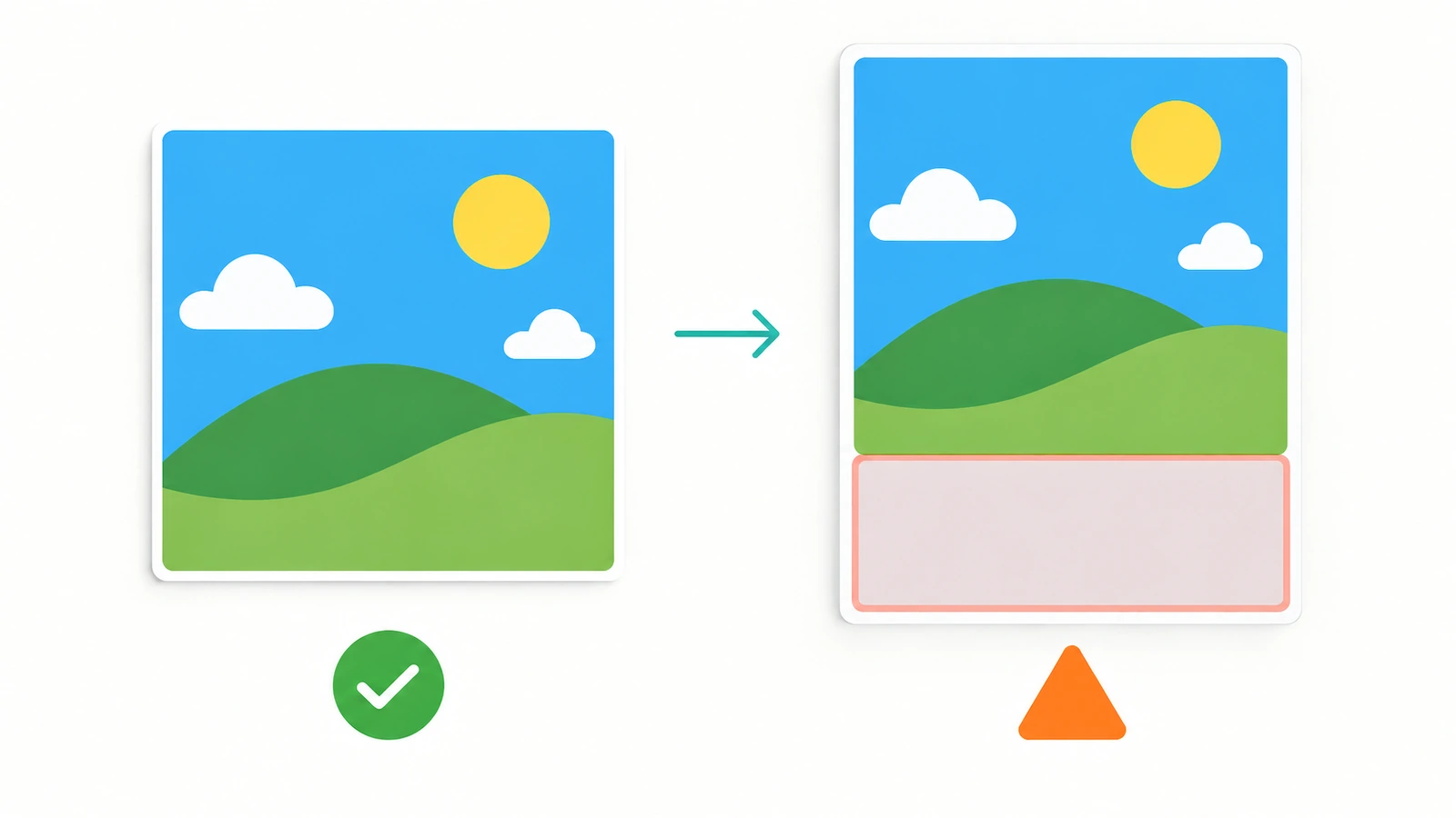 Diagrama que muestra una foto cuadrada ocupando por completo una página cuadrada, mientras que la misma foto en una página vertical deja una franja vacía