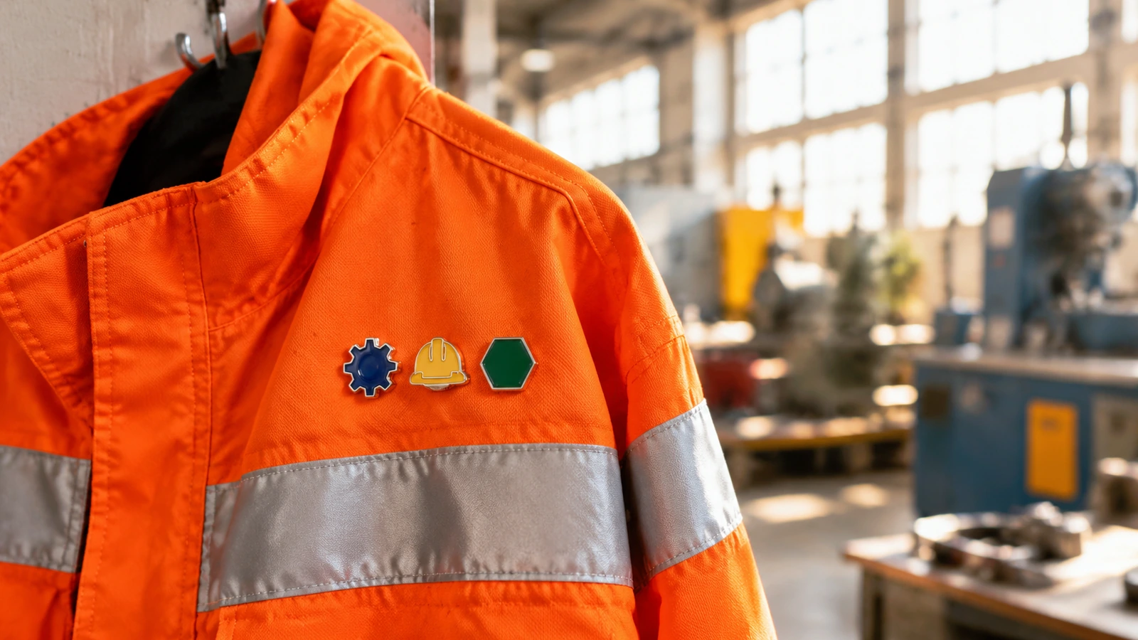 Pins de esmalte geométricos sin diseño sobre una chaqueta de alta visibilidad colgada en un taller industrial luminoso