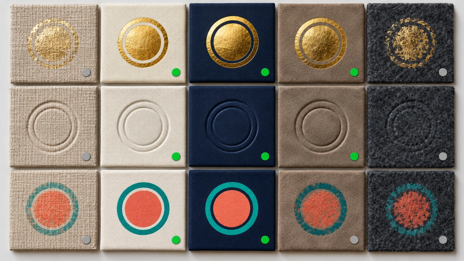 Marcas de lámina metálica, bajorrelieve y serigrafía aplicadas a cinco telas para cuadernos, que muestran qué superficies conservan bordes nítidos