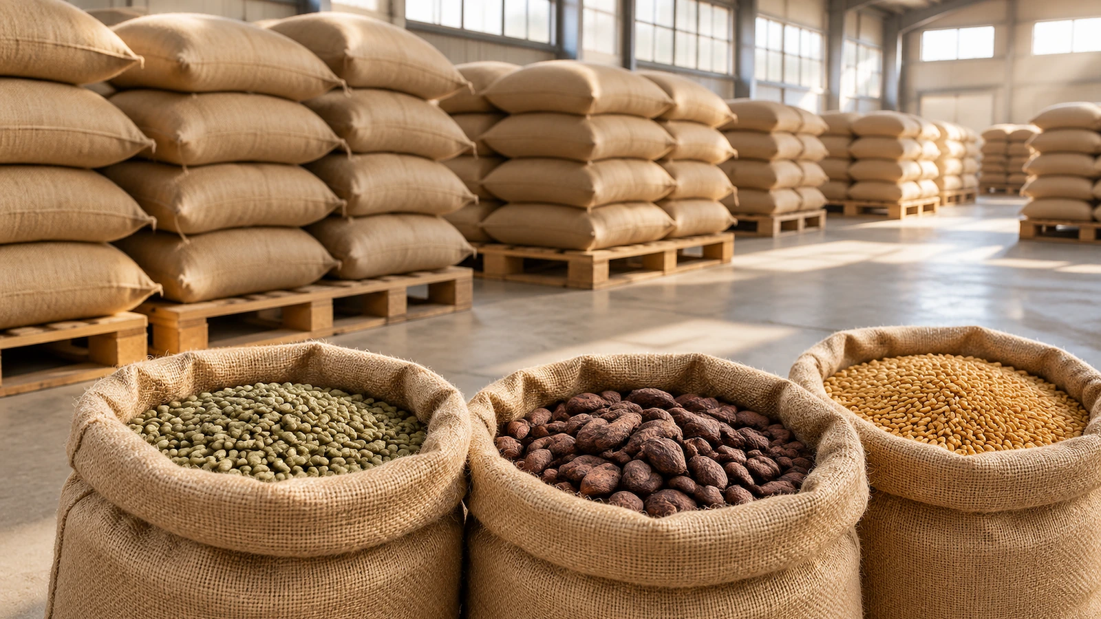 Sacos de yute natural con granos de café, granos de cacao y cereales apilados sobre palés de madera en un almacén seco