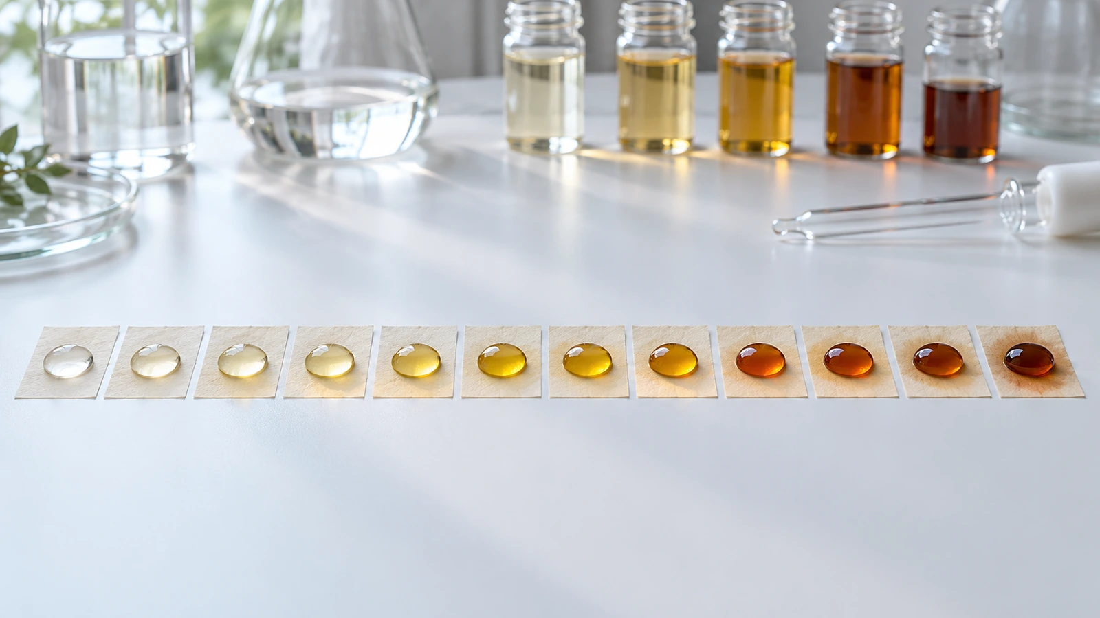 Banco de laboratorio con una fila de muestras de papel, cada una con una gota de líquido de prueba progresivamente más oscuro, que ilustra la prueba Kit graduada de resistencia a la grasa