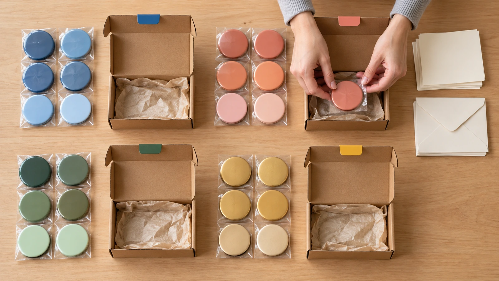 Mesa de empaque con imanes de acero estañado para refrigerador clasificados en pilas de colores y cajas para distintos destinatarios y destinos