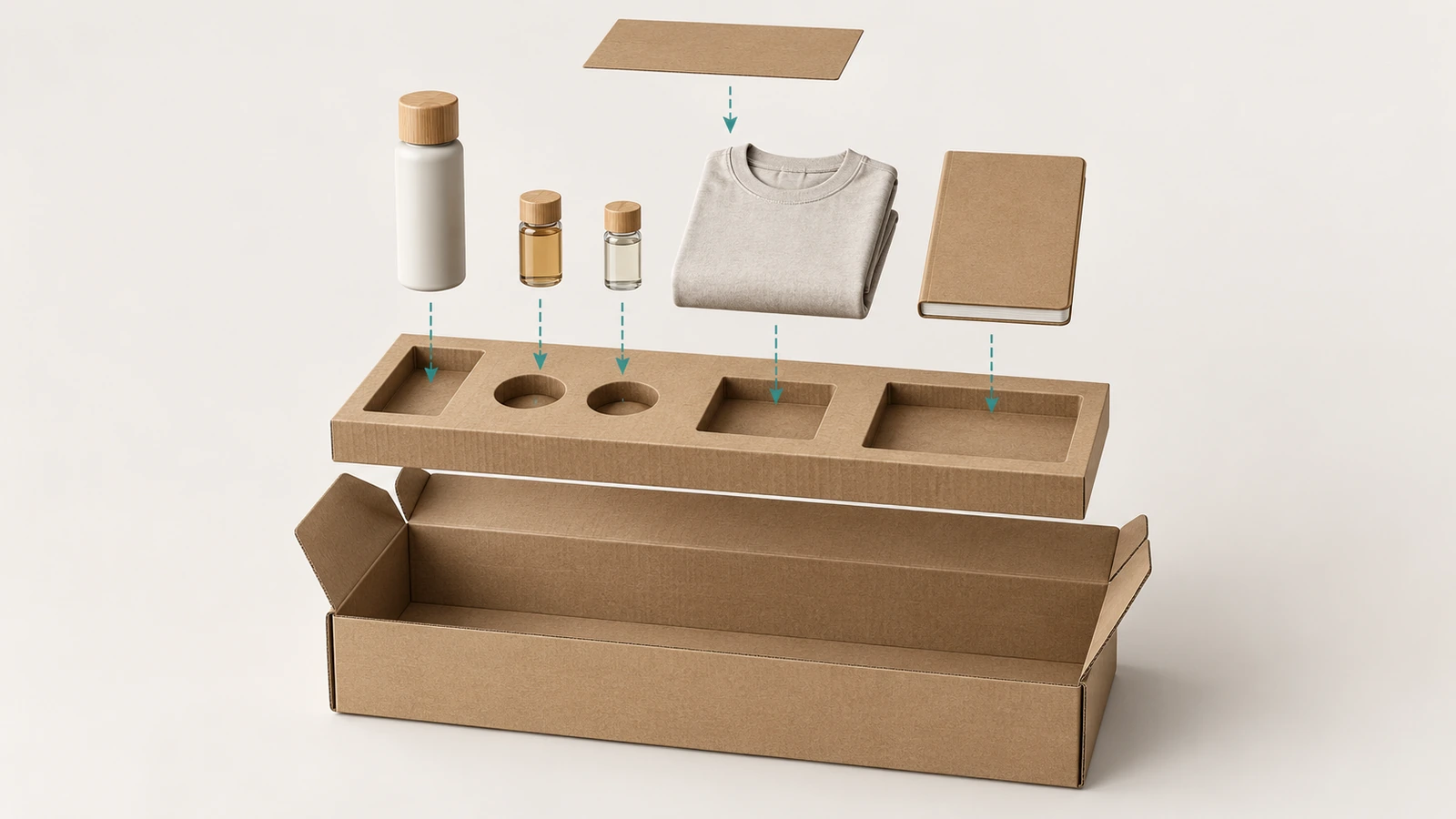 Vista despiezada de una caja postal para kits que muestra la caja exterior de extremos enrollados y tapa de lengüeta, un inserto de cartón ondulado troquelado con varias cavidades y los componentes del kit flotando sobre sus huecos asignados