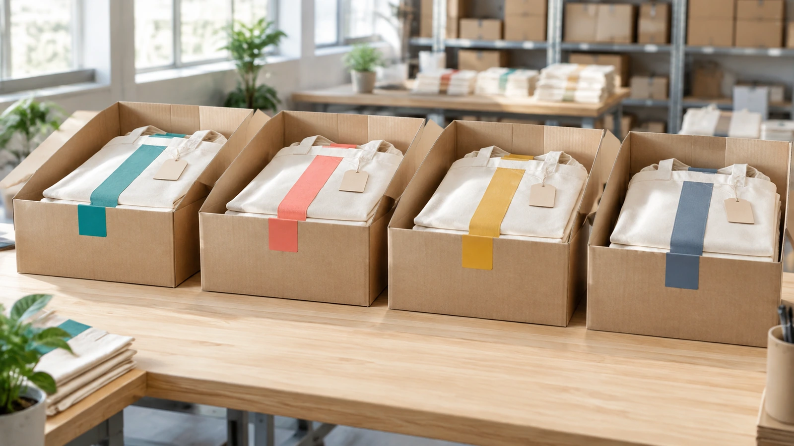 Bolsas empaquetadas y ordenadas en una secuencia de cajas con pestañas de colores que corresponden a cada grupo de distribución