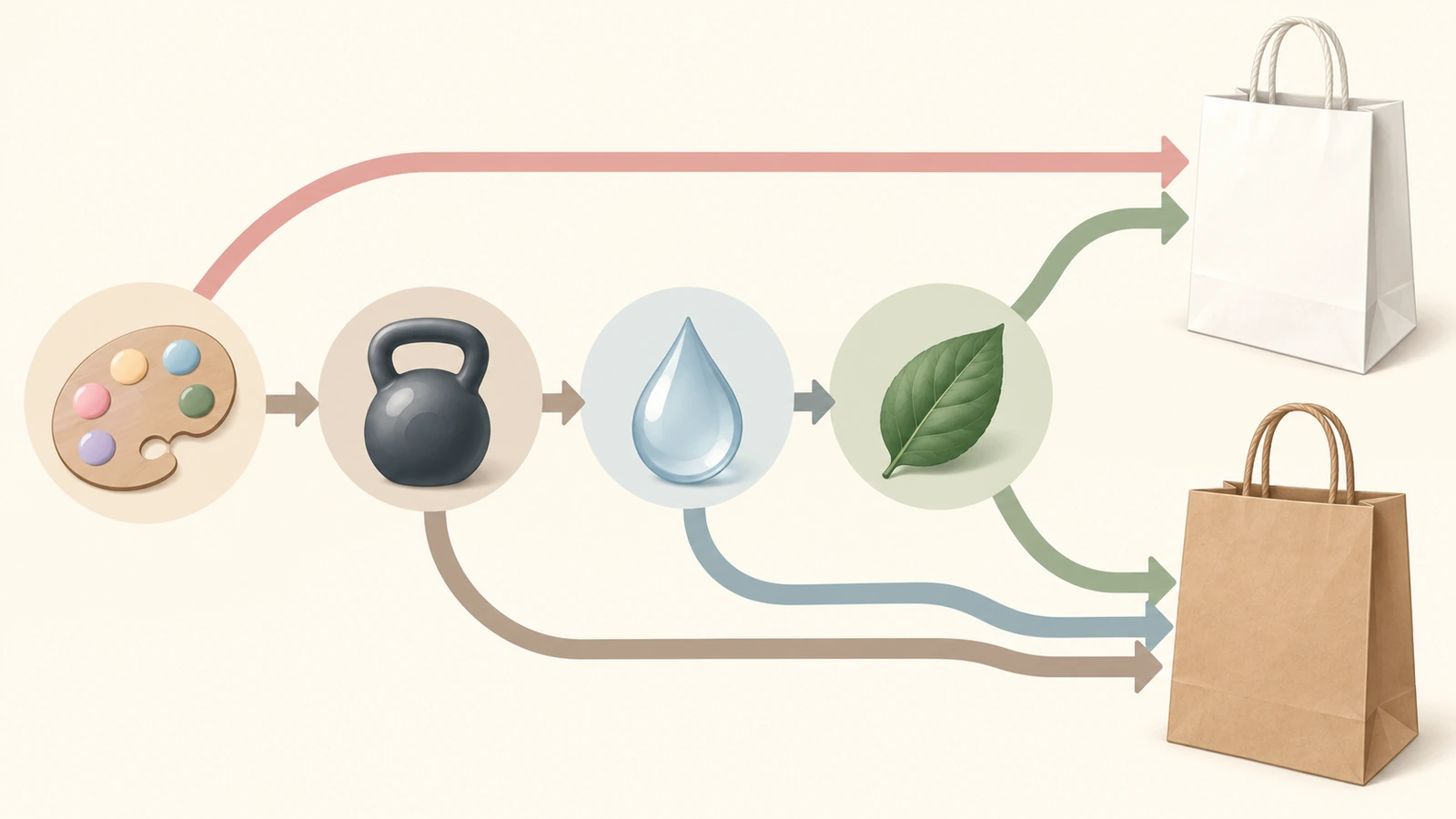 Ilustración de un diagrama de decisión con formas simples y flechas: un icono de paleta, uno de peso, una gota de agua y una hoja guían por caminos ramificados hacia una bolsa de kraft blanco o una bolsa de kraft marrón