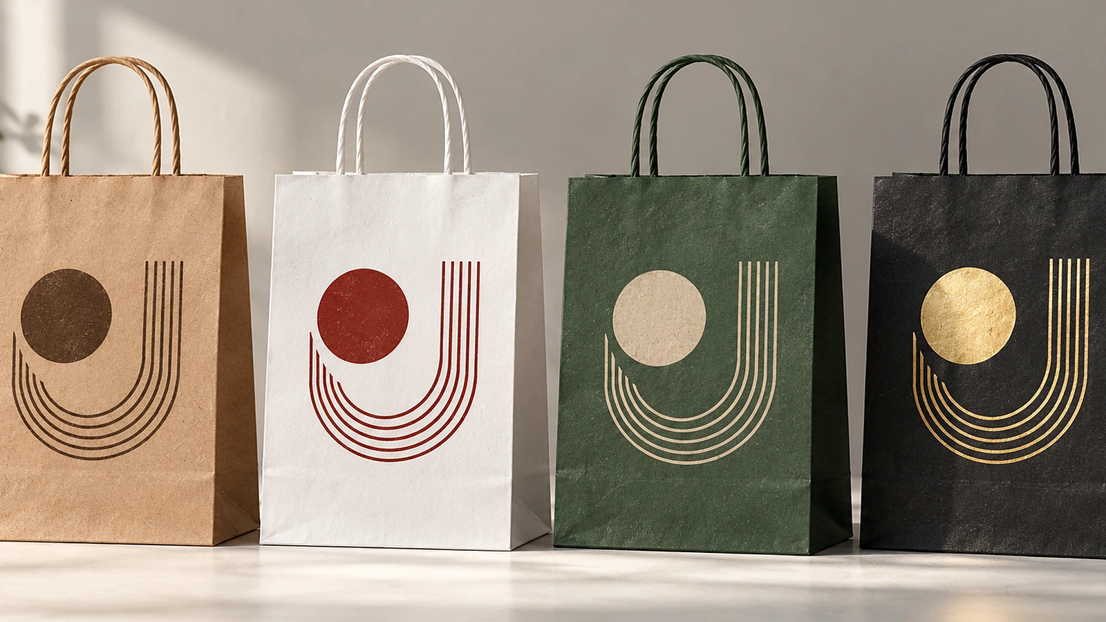 Fila de bolsas de papel kraft marrón natural, blancas, de color y negras con asas retorcidas