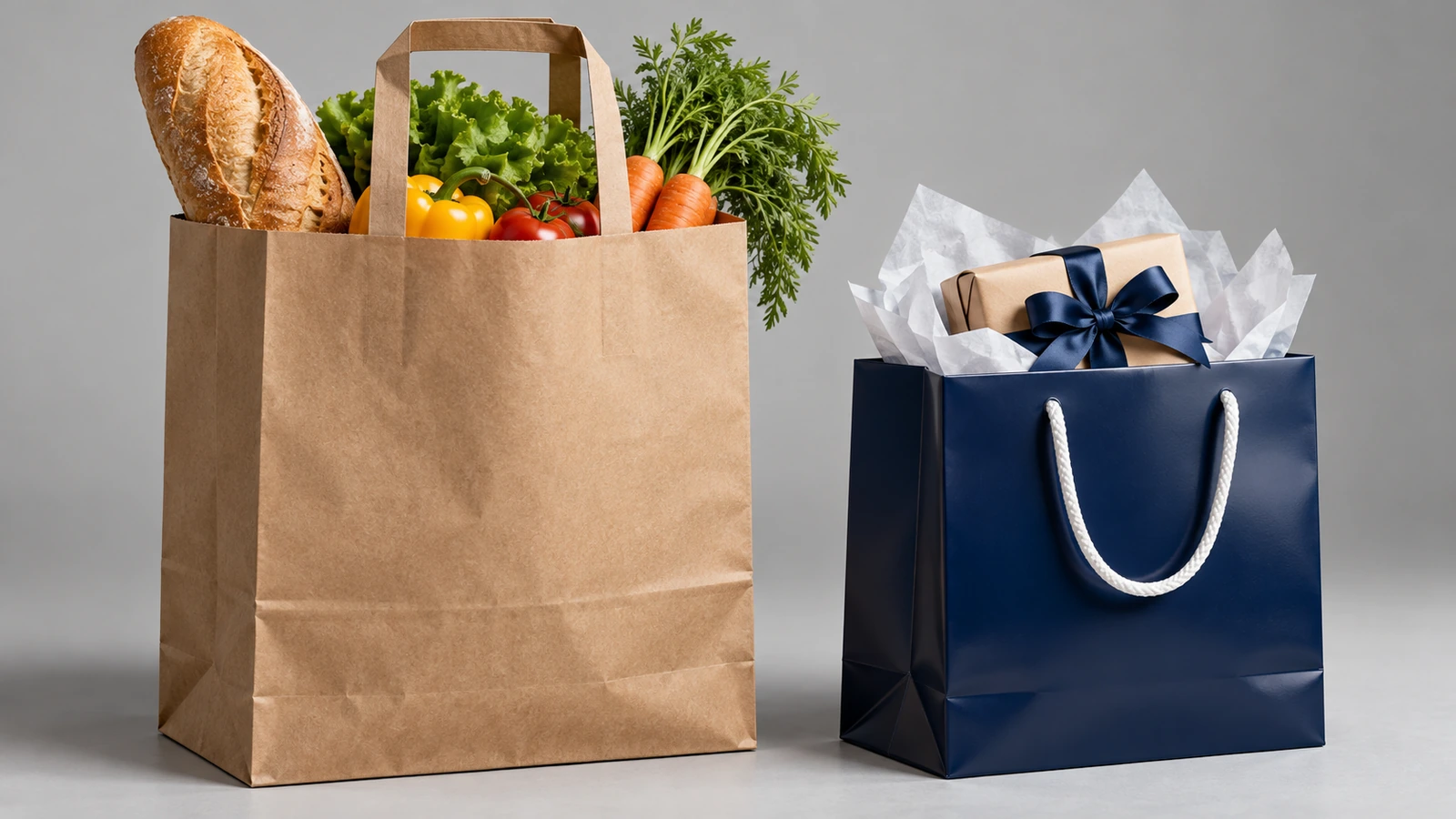 Bolsa de supermercado de kraft marrón con asas planas junto a una bolsa de regalo laminada de papel couché, oscura y brillante, con asas de cuerda, ambas con superficies en blanco