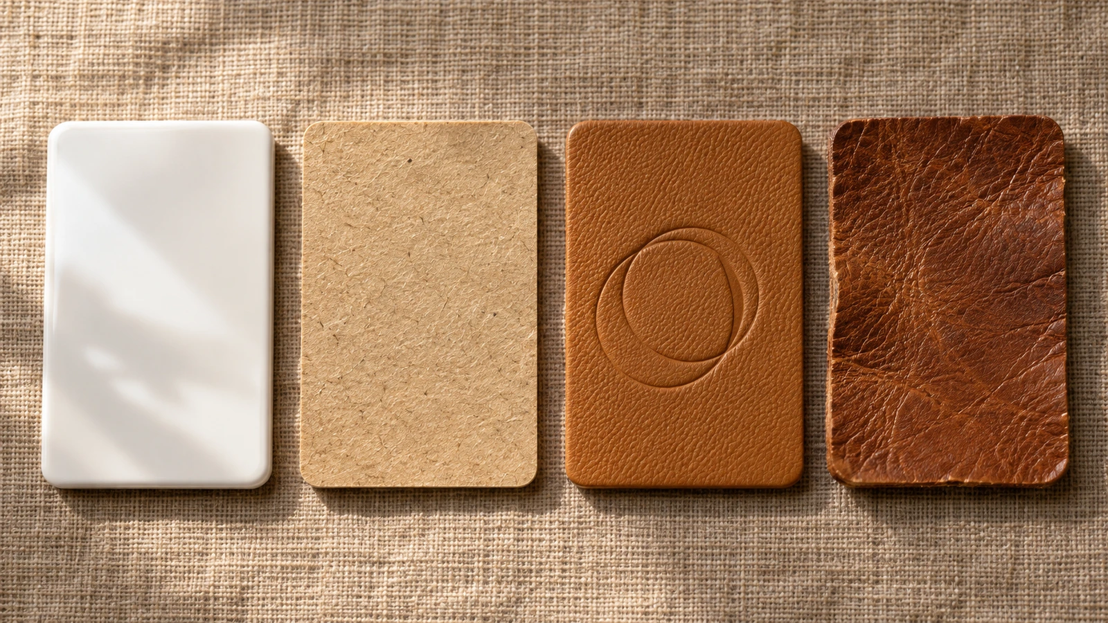 Vista cenital en primer plano que compara lado a lado materiales de etiqueta: vinilo brillante, papel mate, cuero de imitación con relieve y cuero natural