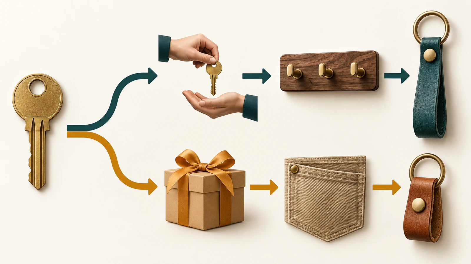 Diagrama de flujo de decisión con iconos y flechas: un icono de llave se bifurca hacia un camino de correa llevada en el cuerpo para llaves de trabajo compartidas y hacia un camino de llavero corto de bolsillo para entregas únicas como regalo