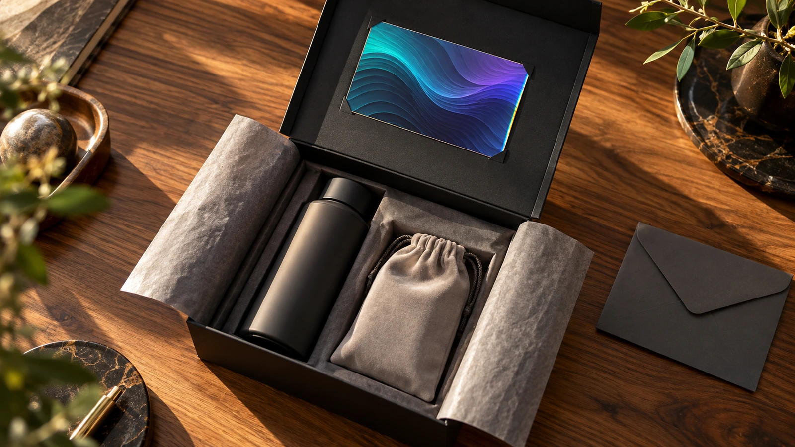 Caja abierta de un kit de lanzamiento premium con papel de seda, producto y un inserto de tarjeta lenticular que capta la luz en ángulo
